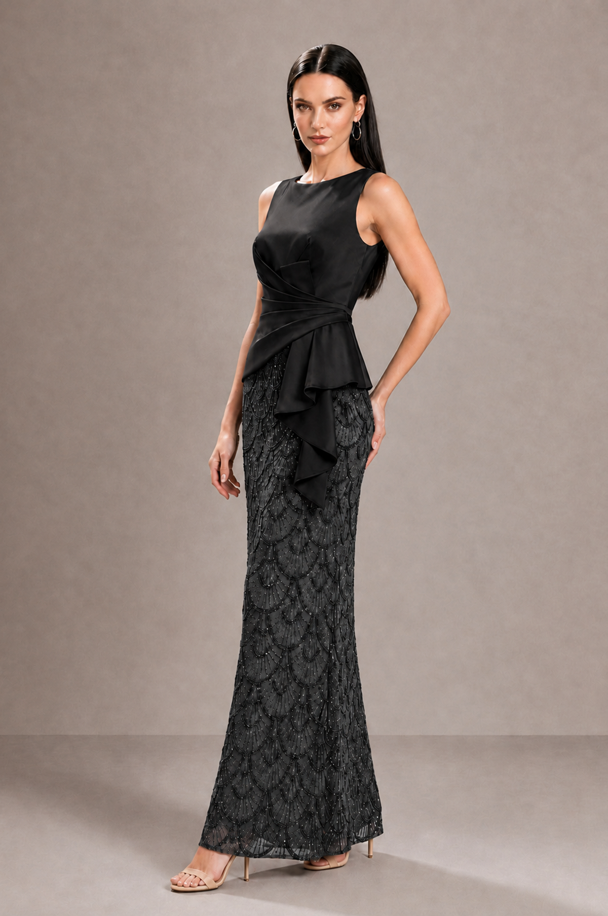 Three-quarter view of BOLODOO black evening dress with ruched satin-look bodice and cascading side ruffle