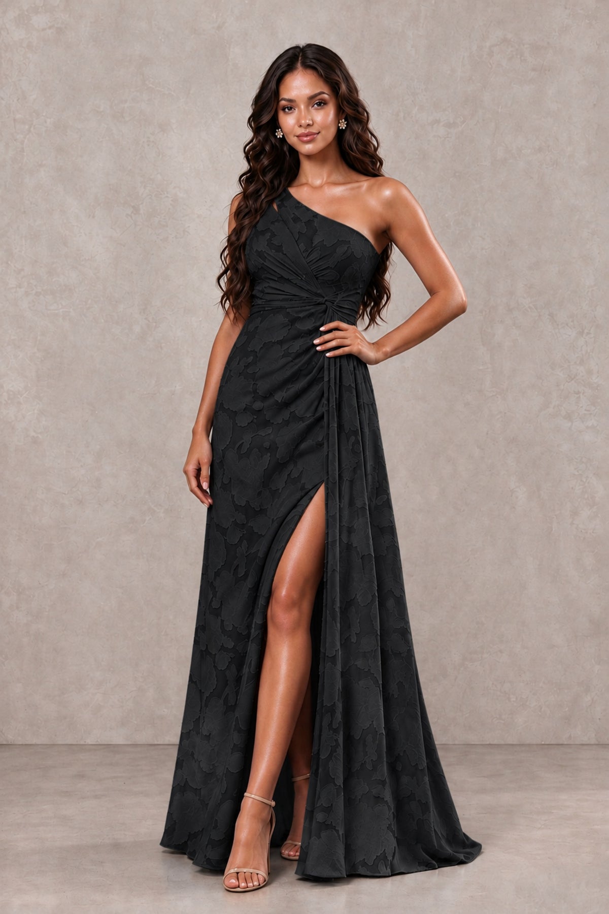 BOLODOO FQ0069 black one-shoulder floral textured maxi dress with ruched waist and high slit, front view