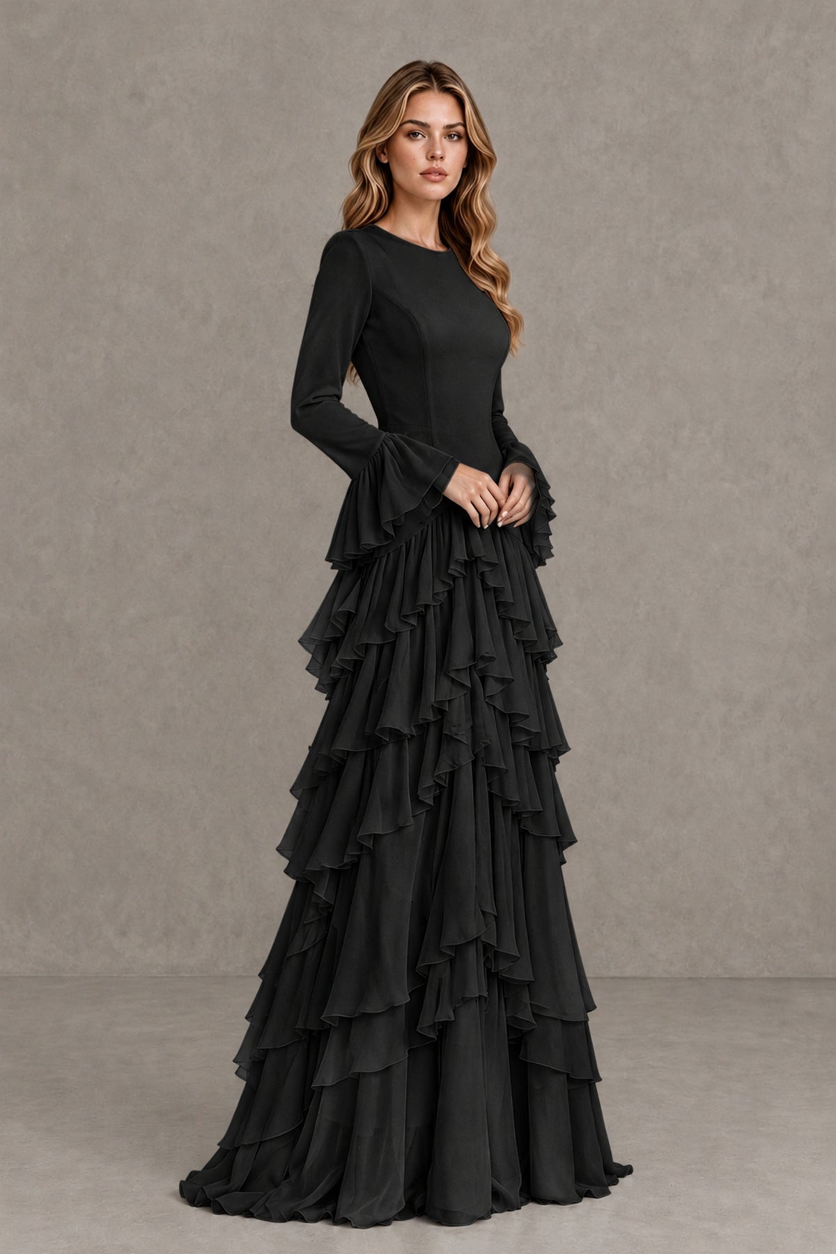 Black Long Sleeve Tiered Ruffle Evening Gown 
