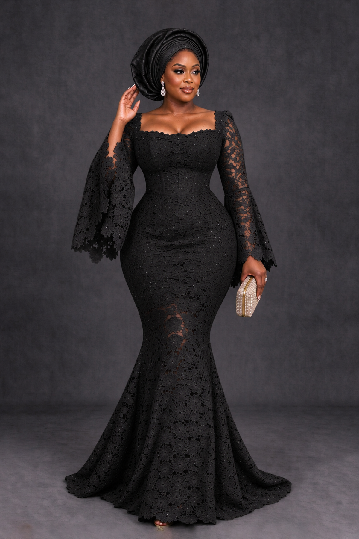 BOLODOO XX104 floor-length black lace formal dress with flared cuffs, alternate front view