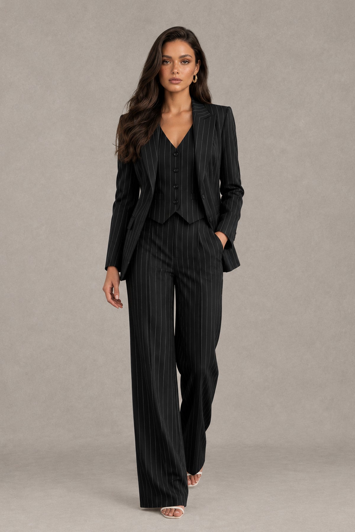 BOLODOO QQ059 black pinstripe pantsuit walking front view with full-length wide-leg trousers