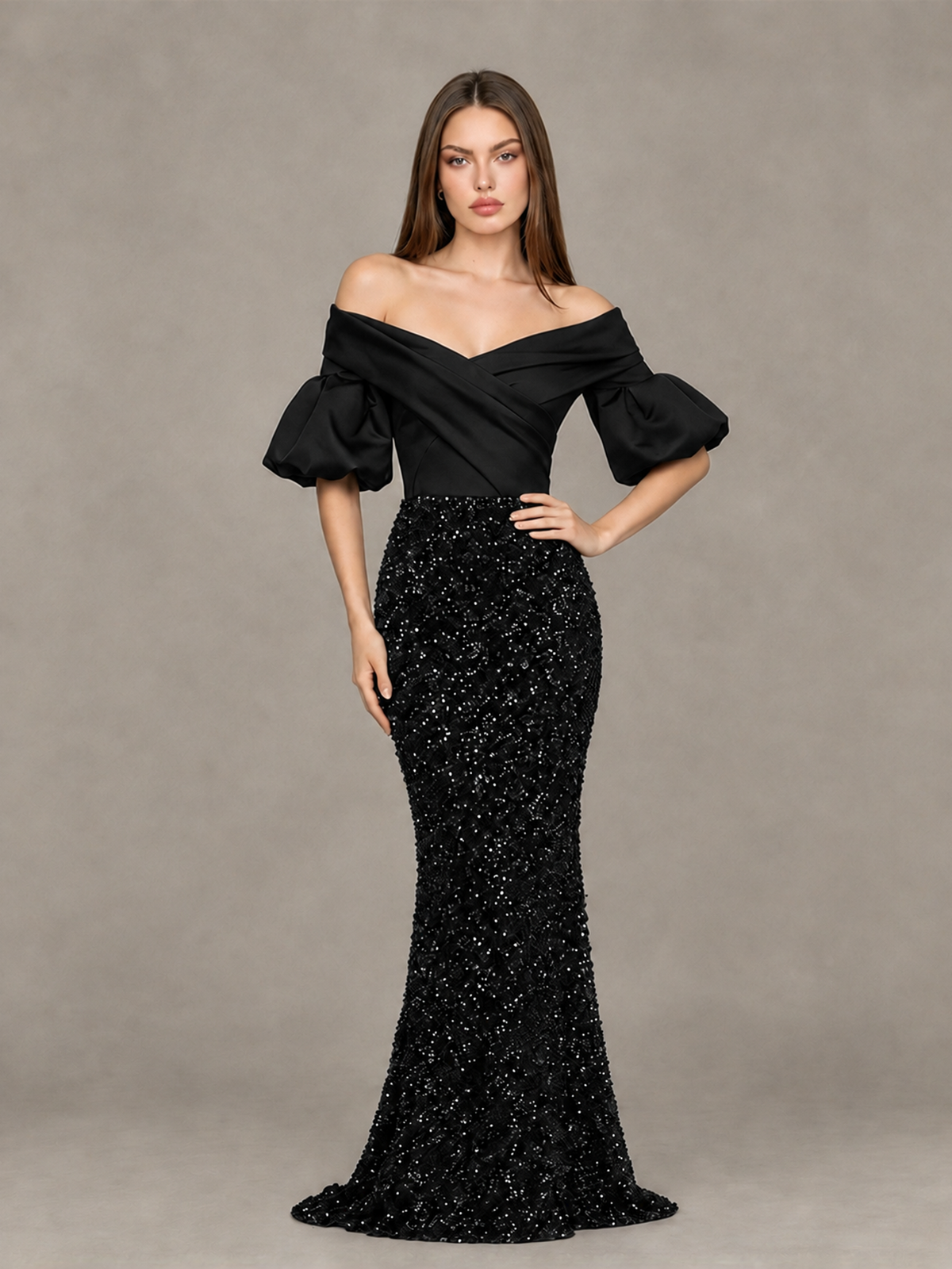 Back view of BOLODOO black sequin mermaid gown showing exposed upper back and center zipper