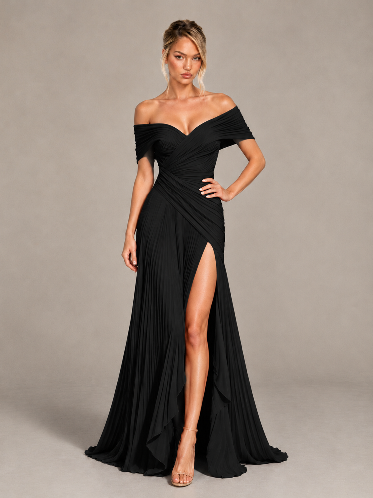 BOLODOO Black Off-Shoulder Ruched Pleated Maxi Dress with High Slit 