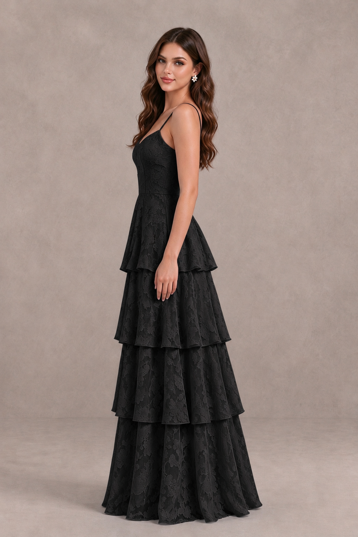 Side view of BOLODOO black sleeveless tiered maxi dress showing fitted waist and layered skirt