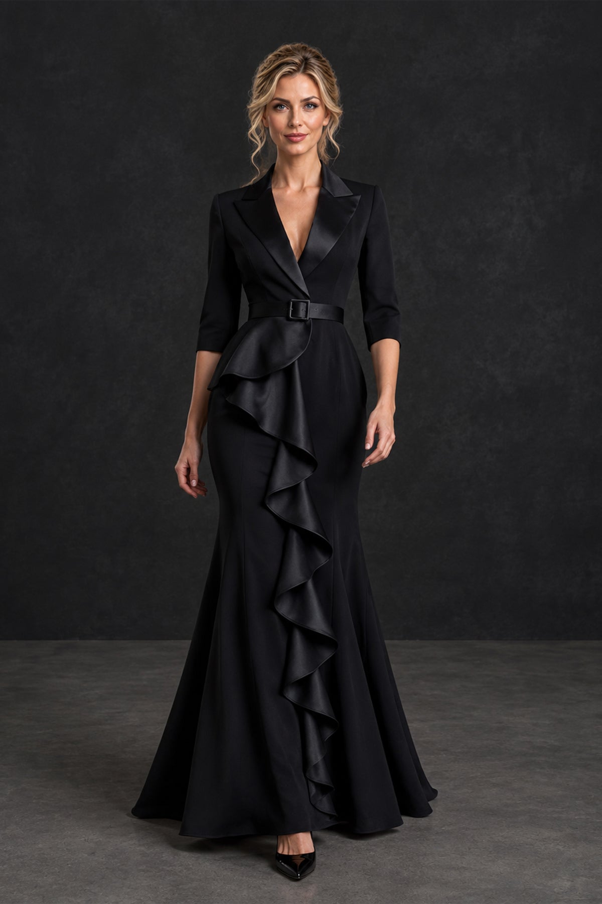 BOLODOO Black Lapel Ruffle Mother of the Bride Dress with Belt 