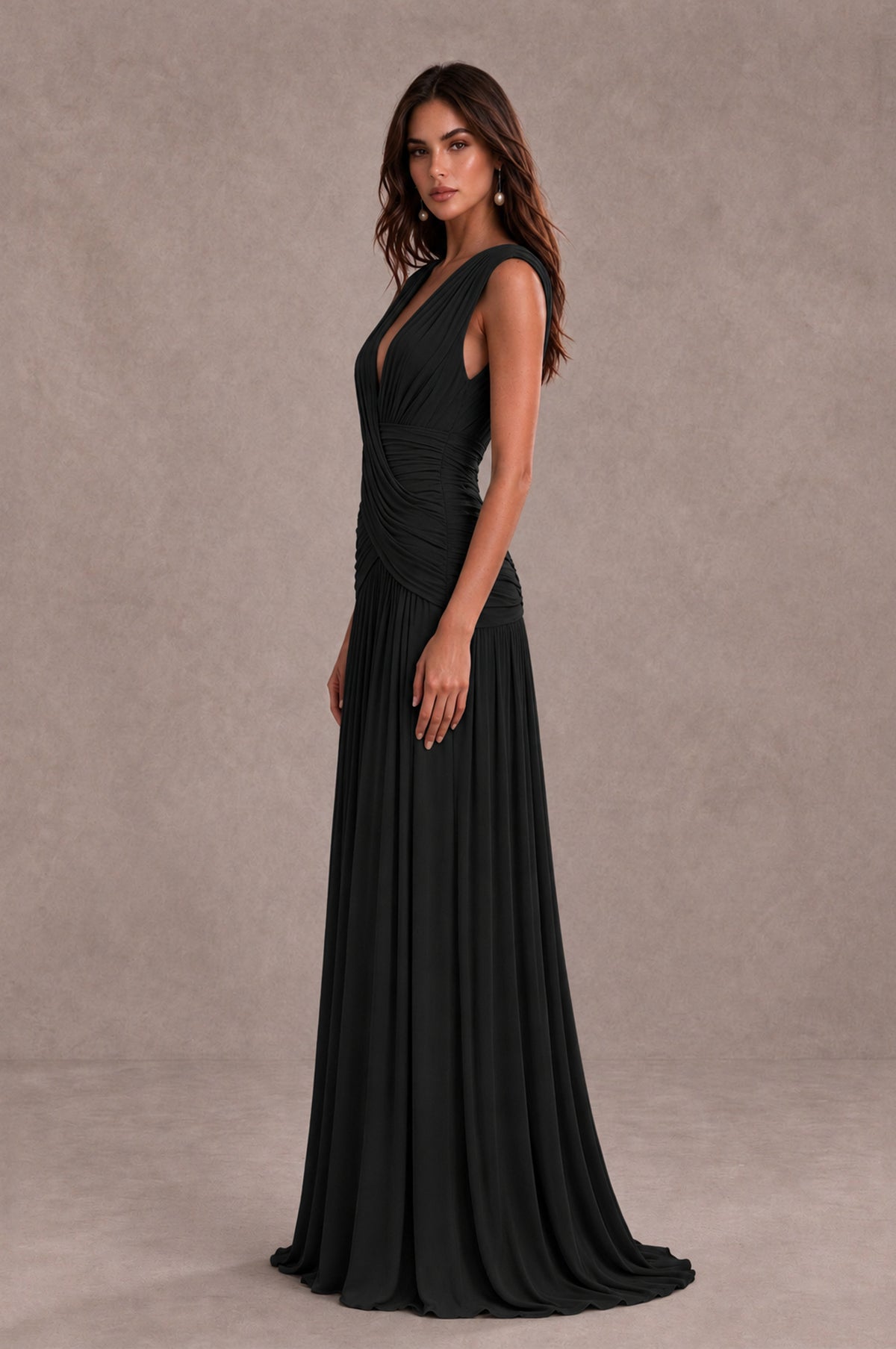 BOLODOO Black V-Neck Ruched Wedding Guest Dress 