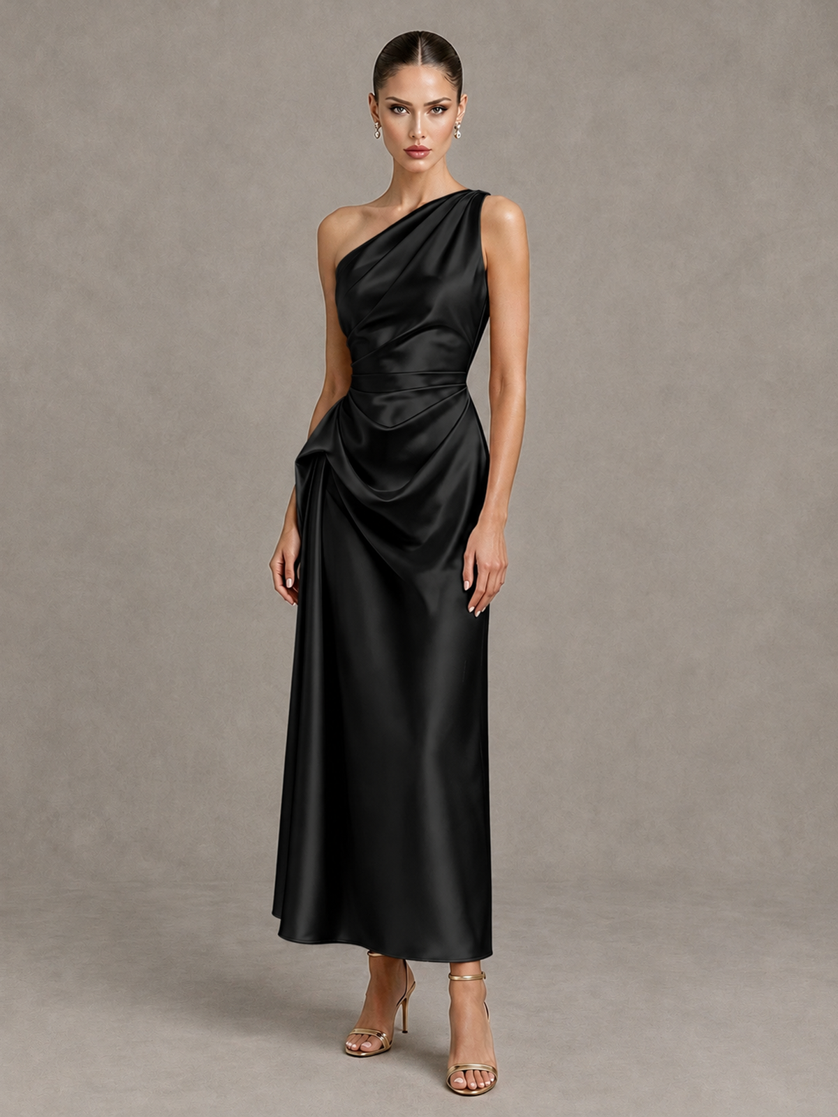 Front view of the black satin ankle-length cocktail dress with A-line skirt