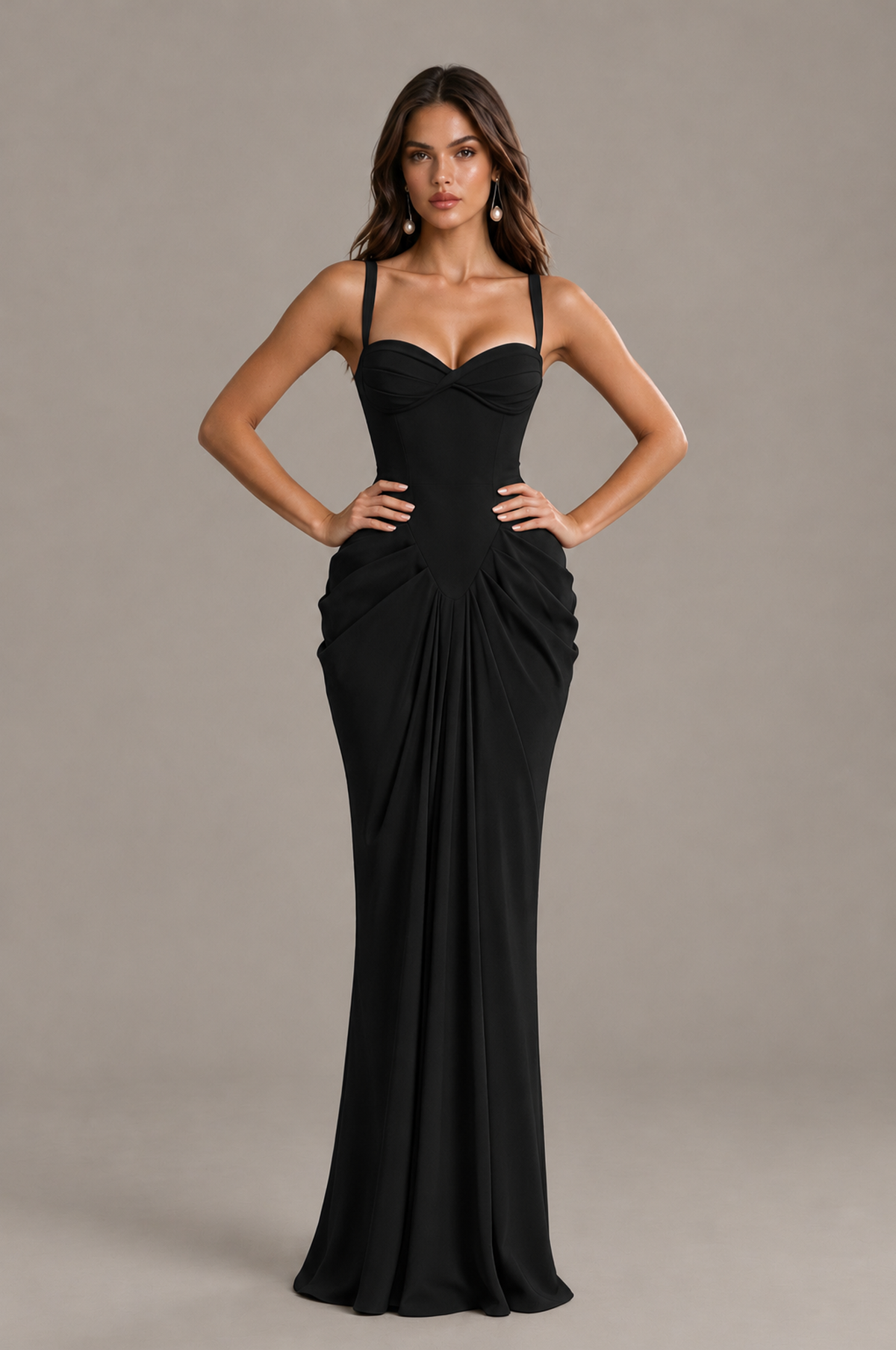 BOLODOO black fitted evening gown with sweetheart neckline and draped hips