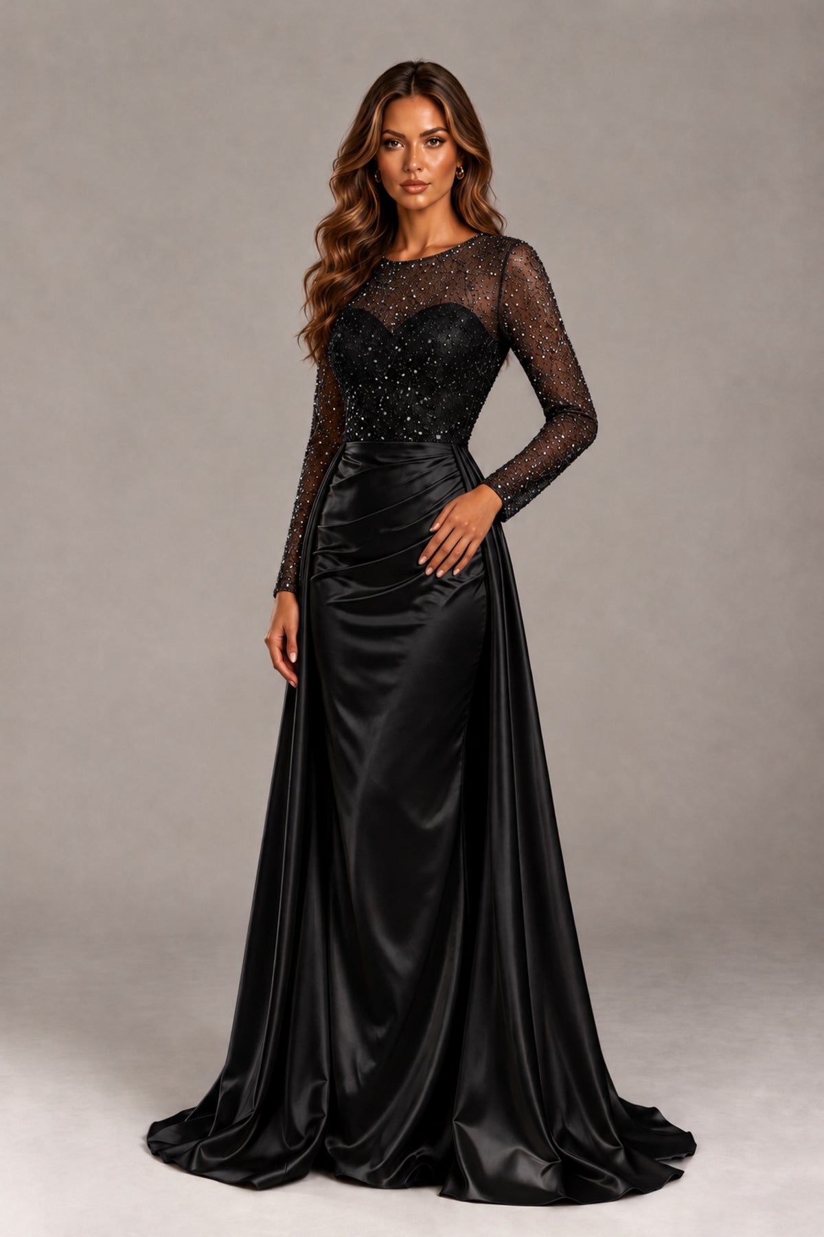 BOLODOO FQ0076 black formal gown, angled front view showing illusion neckline and waist ruching