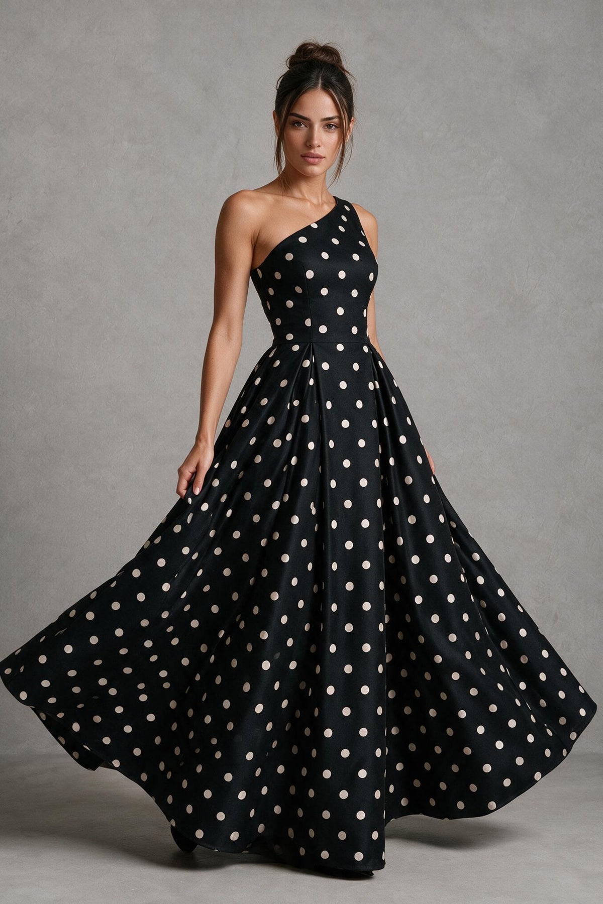 Side view of BOLODOO black white polka dot one-shoulder evening maxi dress