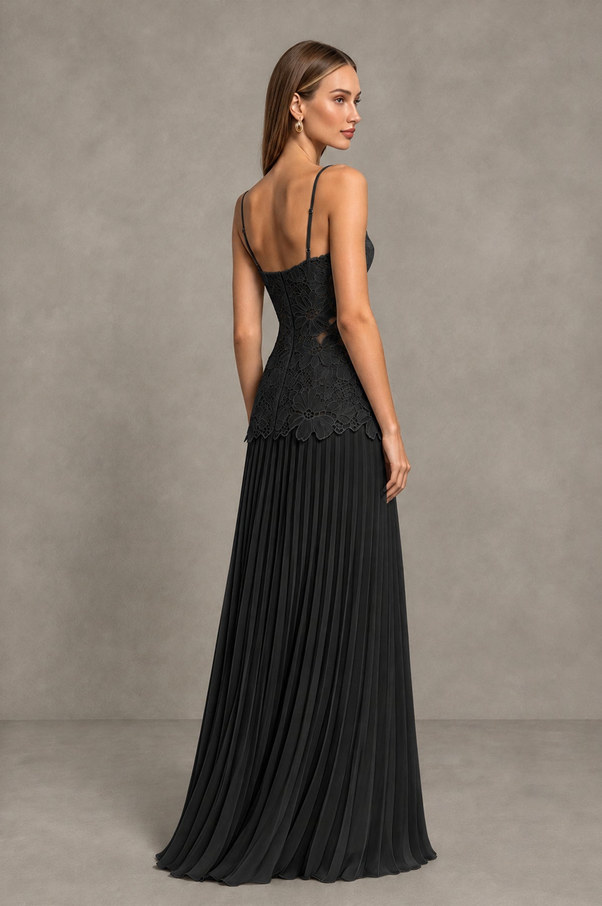 BOLODOO Black Lace Bodice Pleated Wedding Guest Dress 