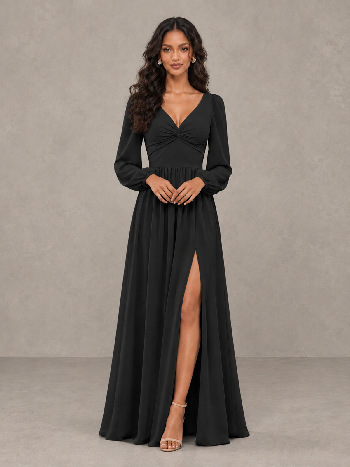 BOLODOO black floor-length A-line bridesmaid dress with gathered bodice and bishop sleeves, front view