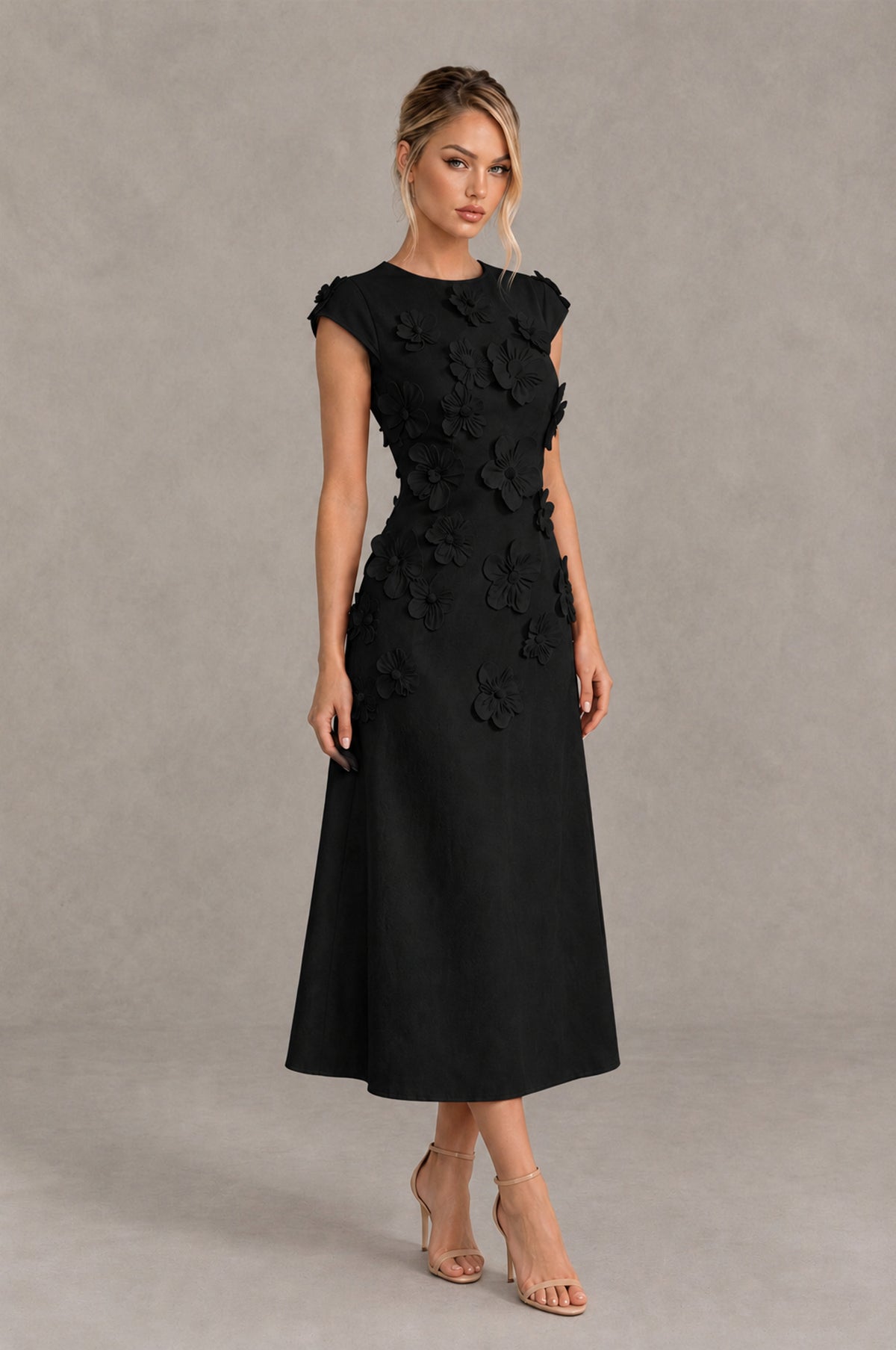 Black round-neck floral applique A-line cocktail dress three-quarter front view