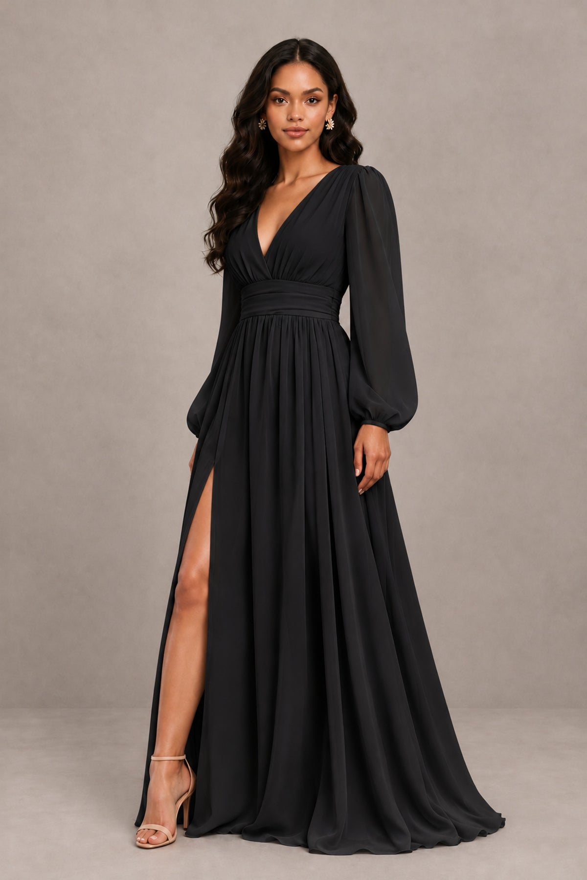 BOLODOO black long sleeve V-neck A-line gown with high front slit, full front view