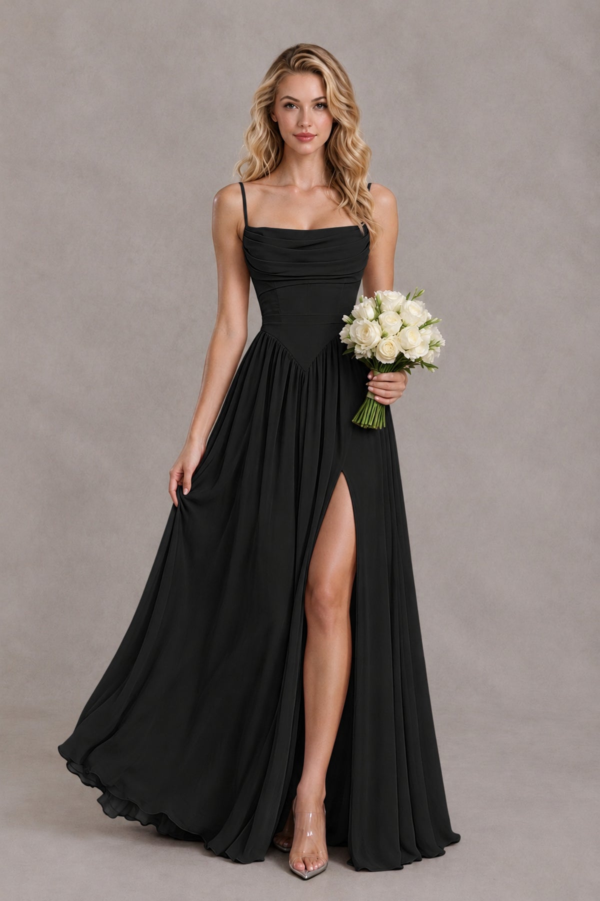 Back view of BOLODOO FQ0065 black gown with open back and crisscross lace-up ties