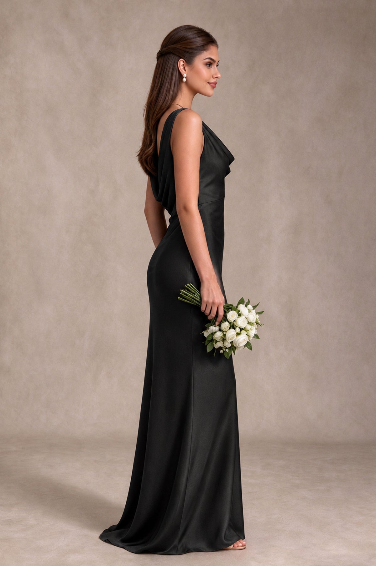 Side view of BOLODOO black satin-look sheath bridesmaid dress with fluid floor-length skirt