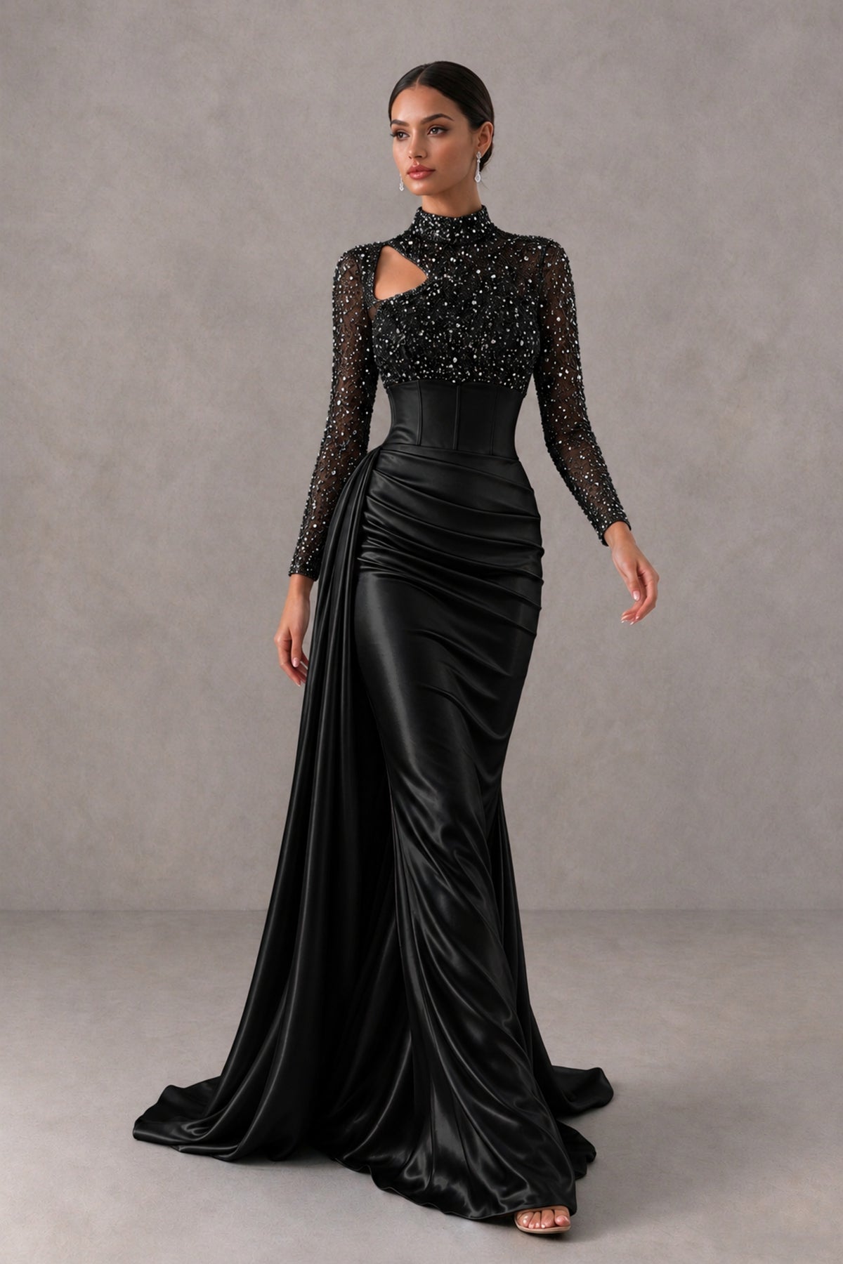 BOLODOO FQ0077 black high-neck evening gown three-quarter view showing ruched hip and sweeping train
