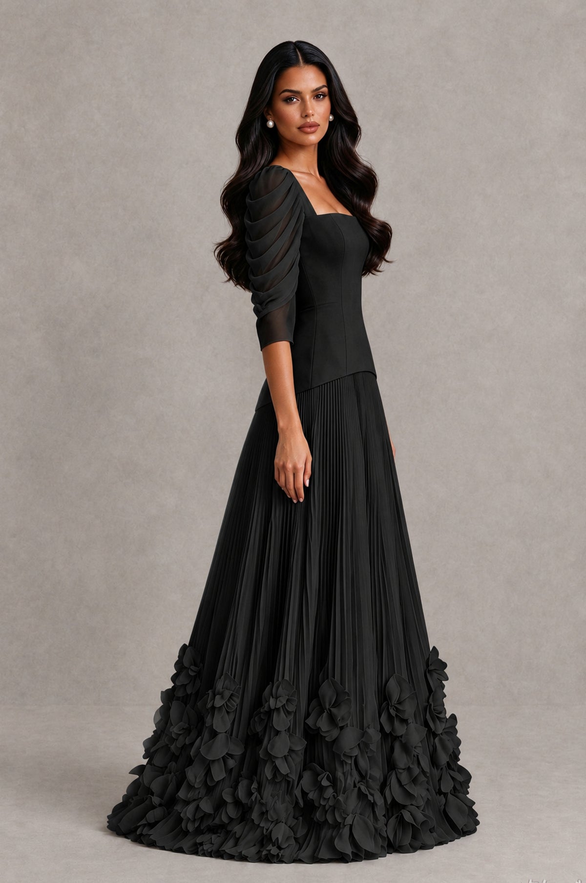 BOLODOO black floor-length floral applique gown with gathered sleeves, side view