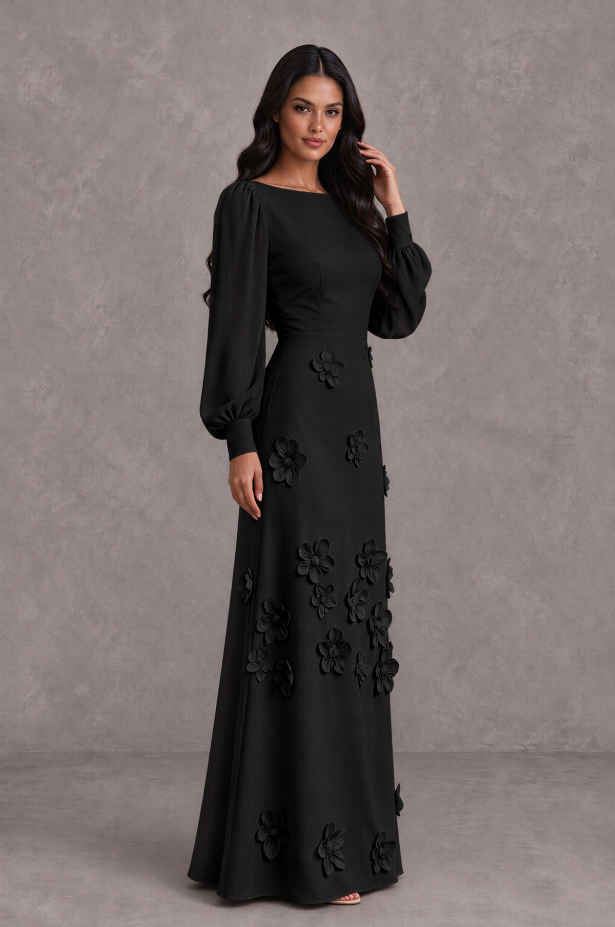 BOLODOO BX0189 black long sleeve floral applique maxi dress, three-quarter view