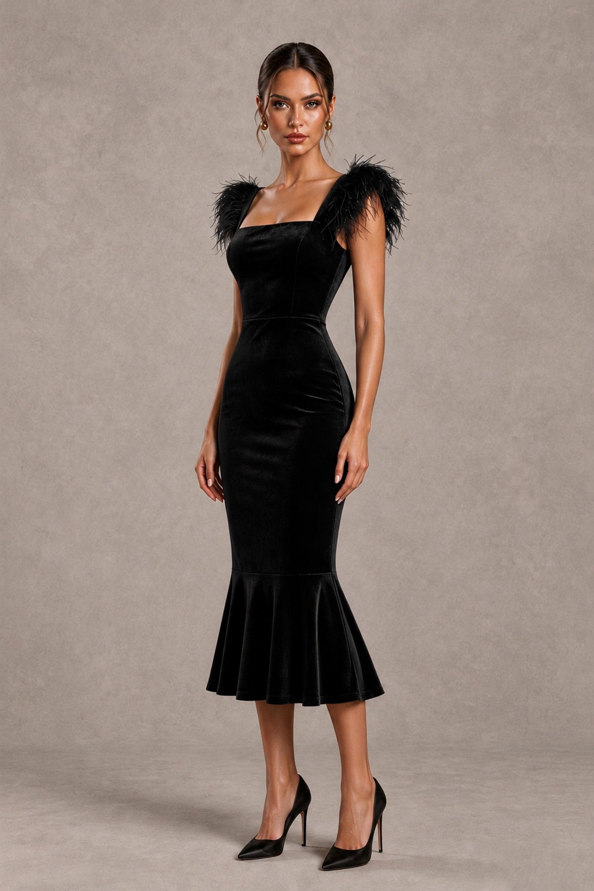 BOLODOO Black Feather-Trim Velvet-Look Mermaid Midi Dress 
