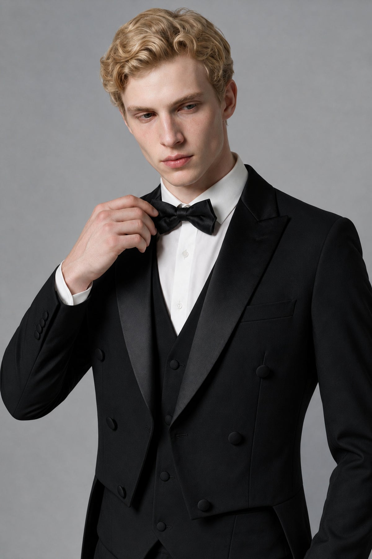 Bolodoo FQ1015 black tailcoat suit showing extended split tails, back view
