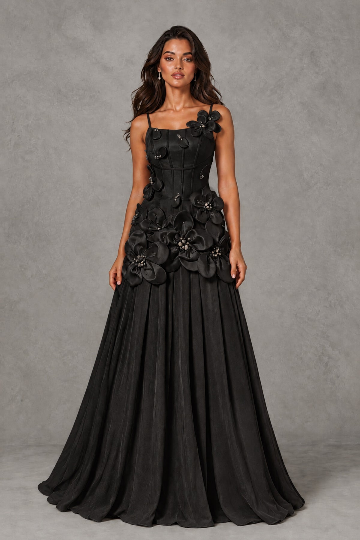 Rear three-quarter view of BOLODOO black floral evening gown and floor-length skirt