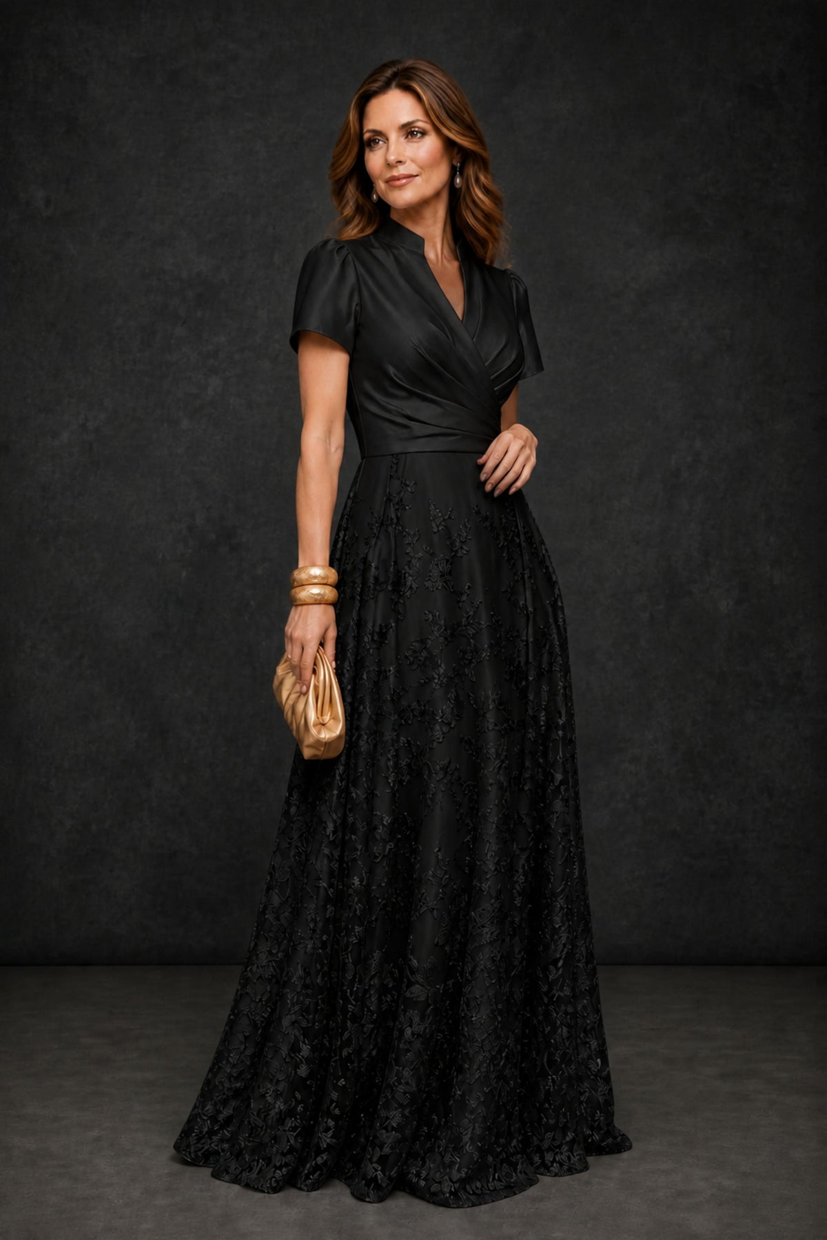 BOLODOO Black Lace Evening Gown – Three-Quarter Side View with Clutch