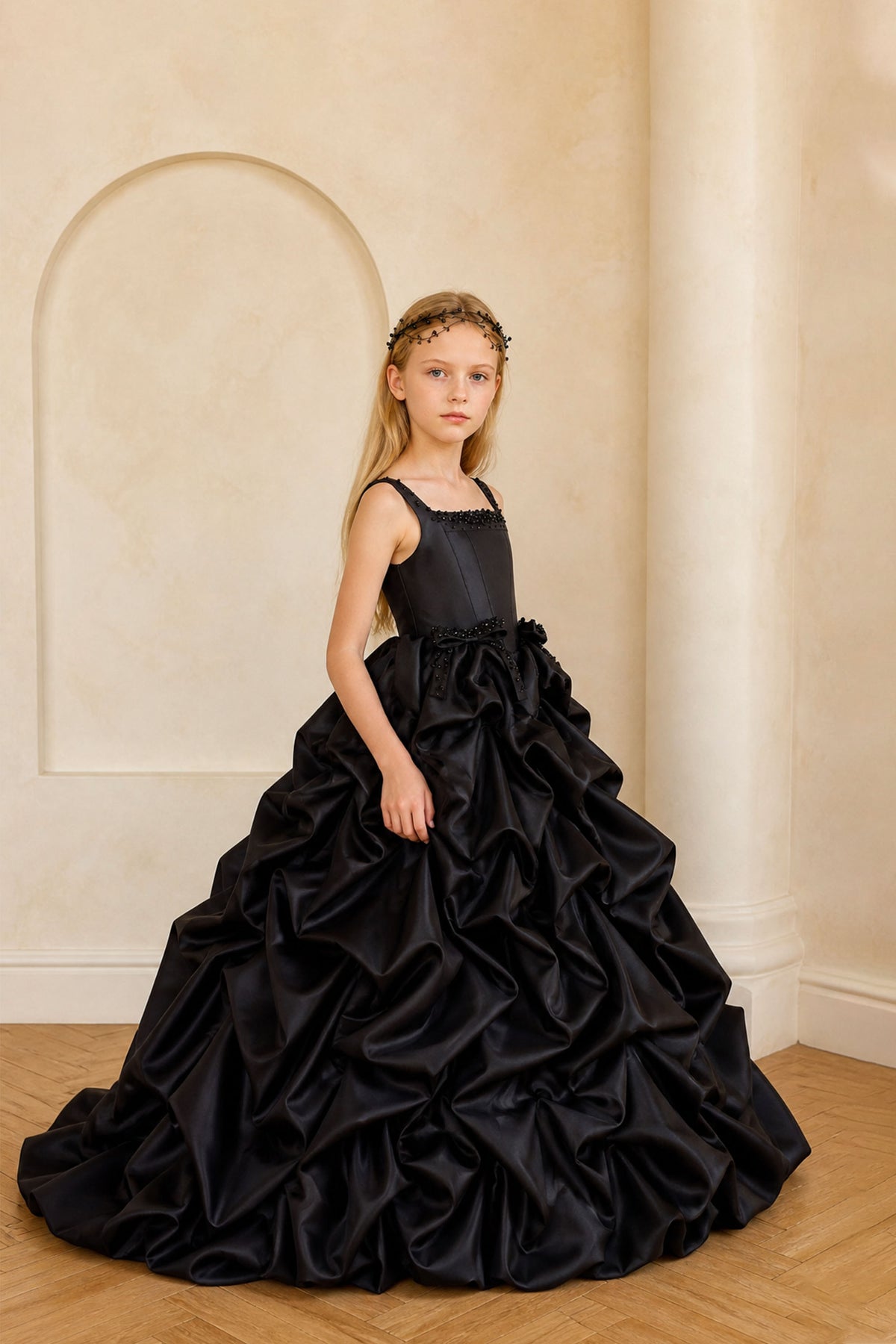 BOLODOO Girls Black Satin Pick-Up Ball Gown Side Full Length View – 3D Floral Bow Waist and Dramatic Train