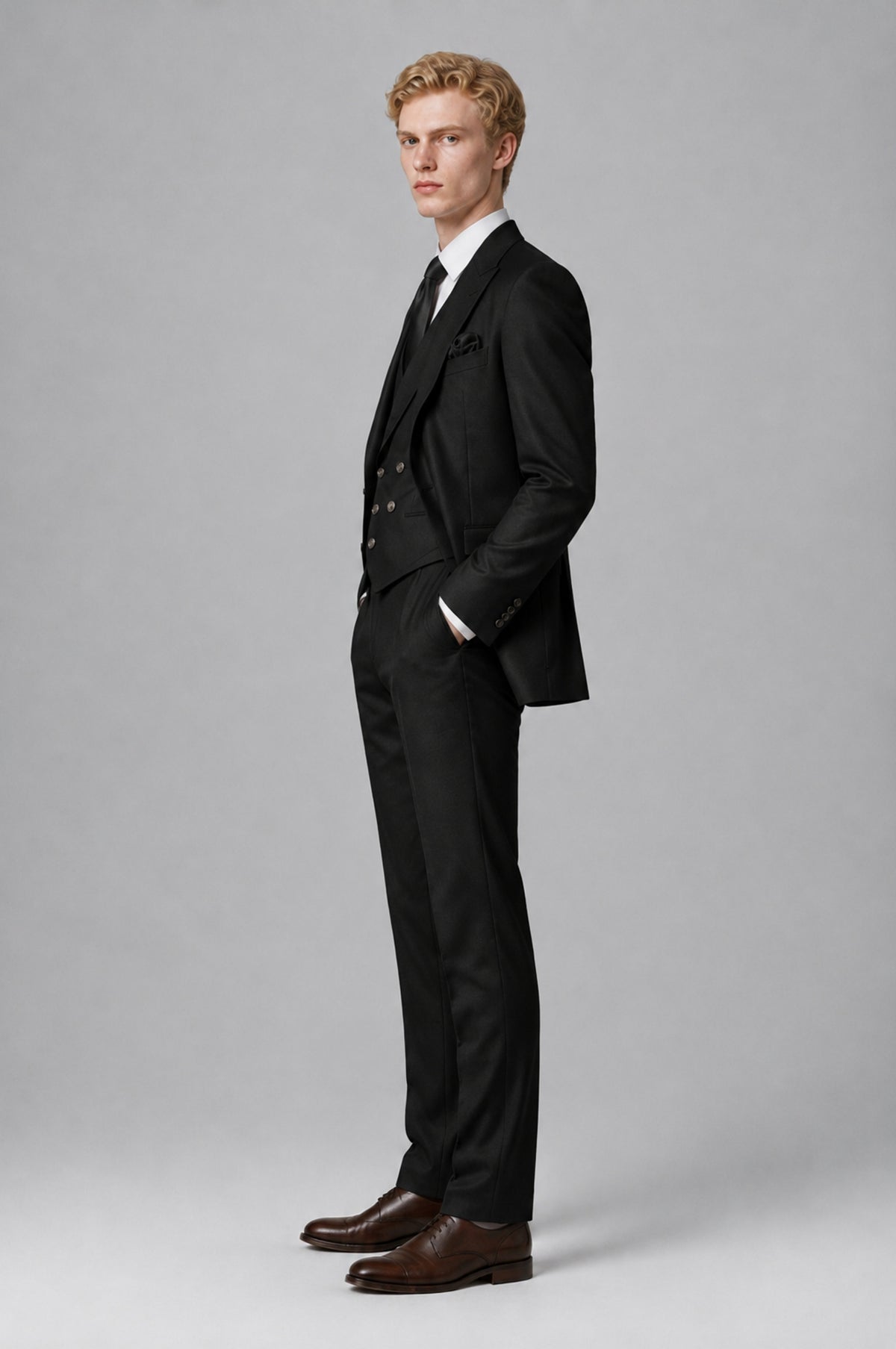 Bolodoo FQ1005 men's black suit jacket and matching full-length trousers, back view