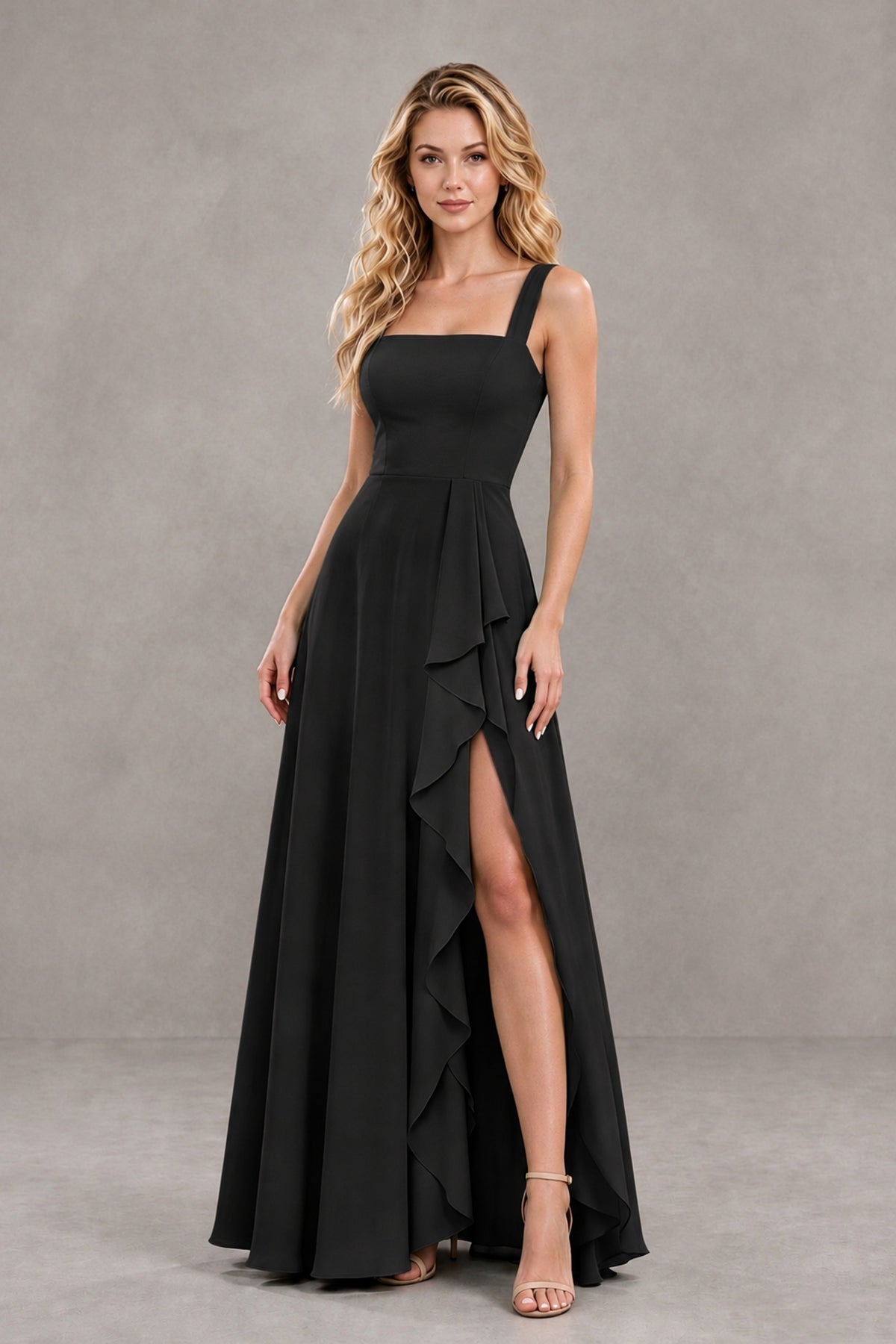 Back view of BOLODOO FQ0070 black A-line gown showing low open back and corset-style lace-up detailing