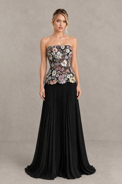 BOLODOO Black Blue strapless floral applique evening dress with pleated A-line skirt, full front view