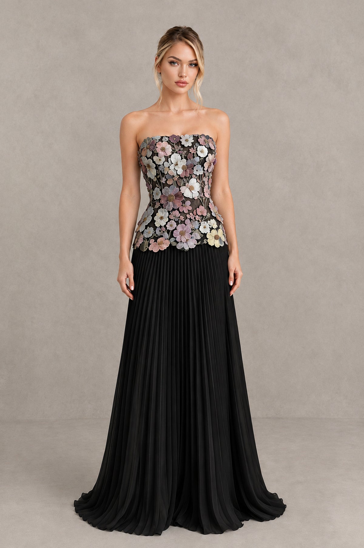 BOLODOO Black Blue strapless floral applique evening dress with pleated A-line skirt, full front view