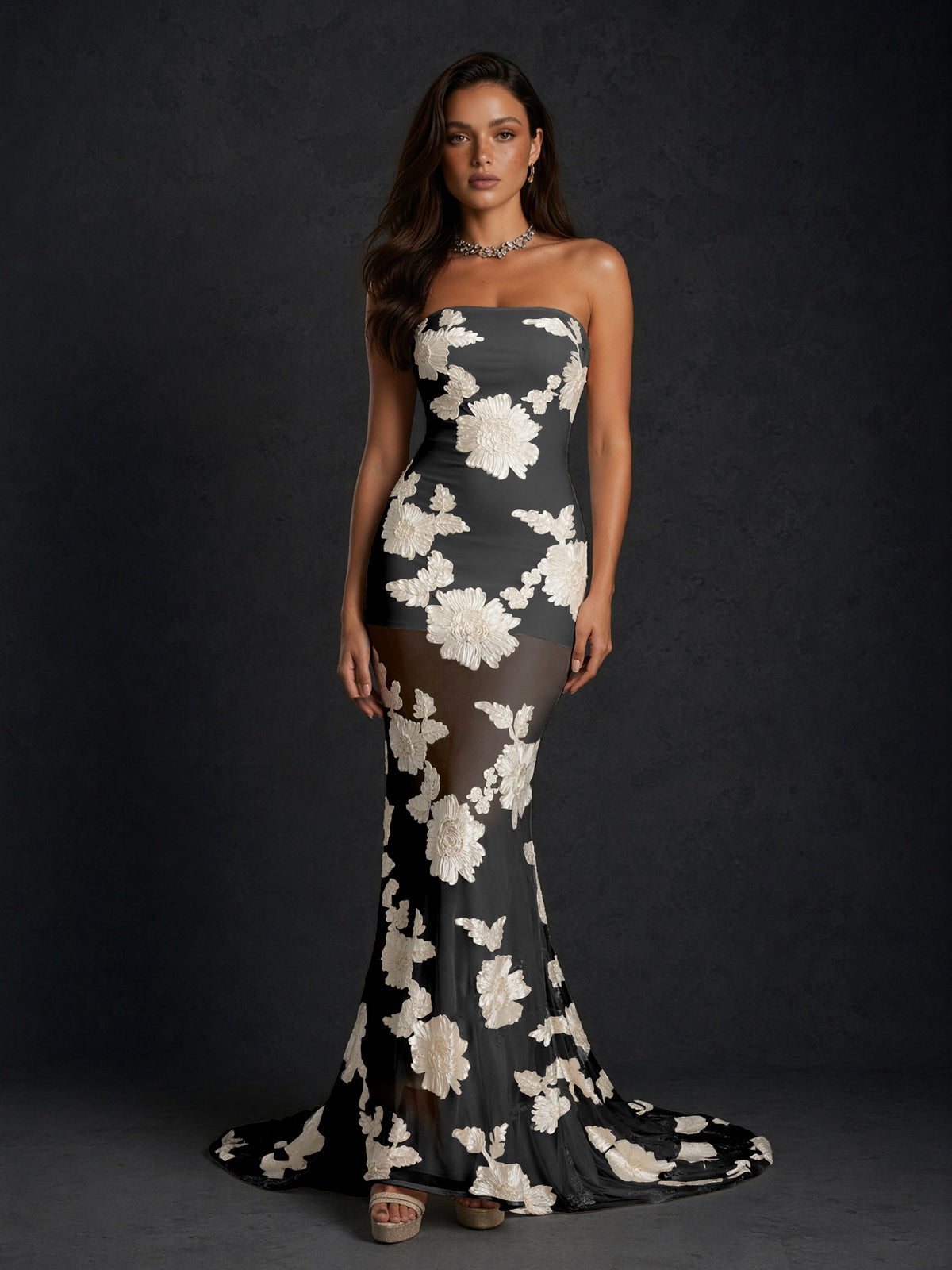 BOLODOO Black Champagne Champagne Gold Floral Sequin Embroidered Mesh Strapless Open Back Mermaid Maxi Dress with Train - Black Champagne