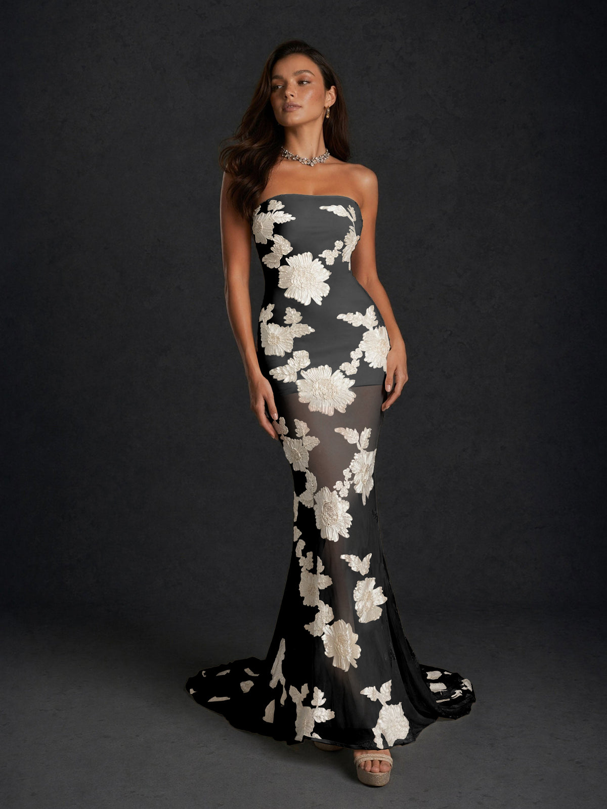 BOLODOO Black Champagne Champagne Gold Floral Sequin Embroidered Mesh Strapless Open Back Mermaid Maxi Dress with Train - Black Champagne