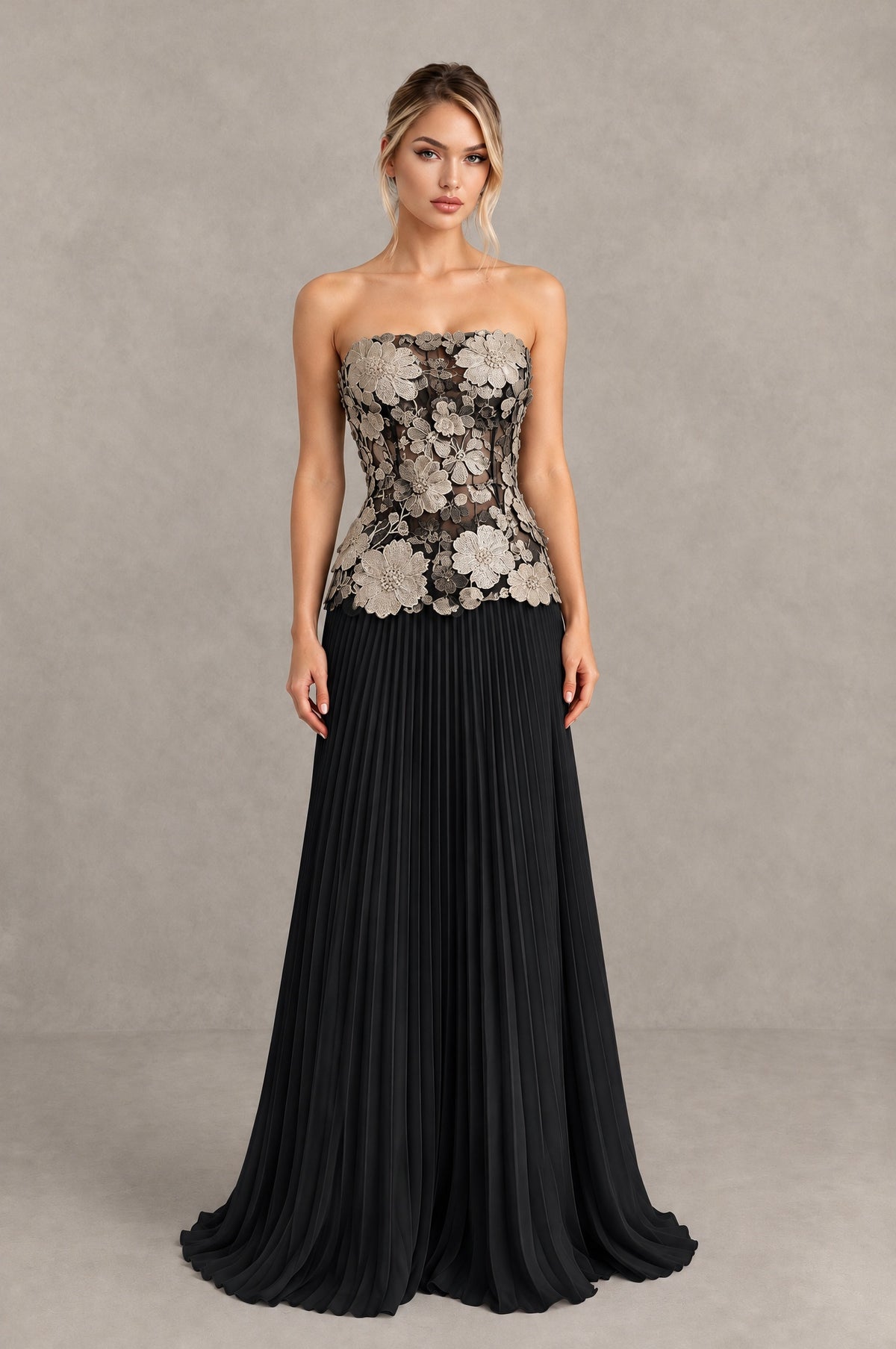 BOLODOO Black Champagne Strapless Floral Applique Pleated Evening Dress - Black Champagne - Black Champagne (1)