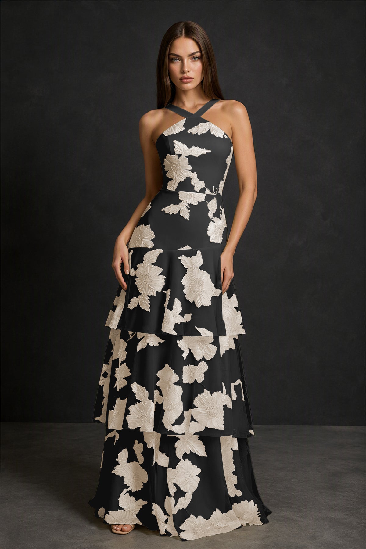 BOLODOO Black Champagne Crisscross Halter Neck Black Champagne Floral Embroidered Triple Tiered A-Line Tulle Maxi Dress - Black Champagne