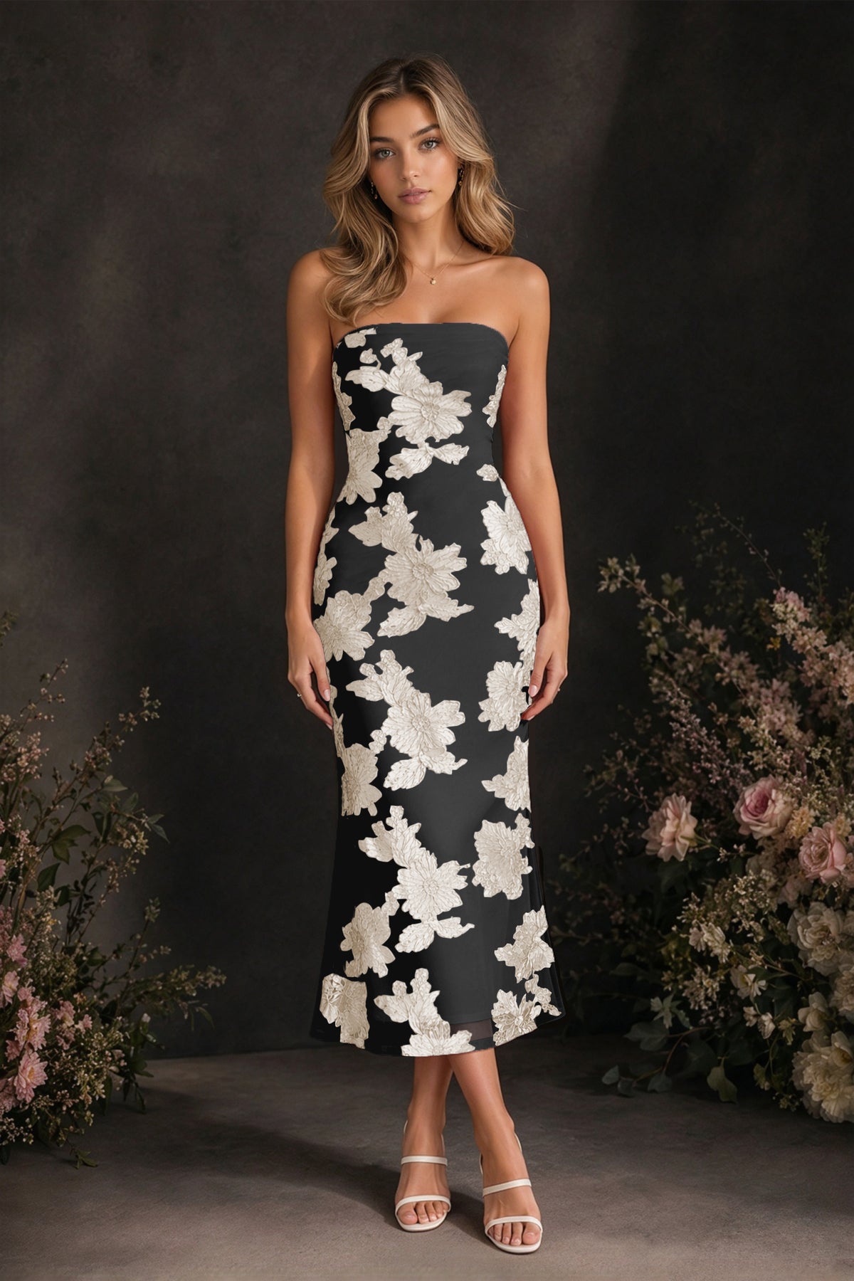 BOLODOO Black Champagne Tonal Floral Embroidered Mesh Strapless Open Back Bodycon Midi Tea Length Dress - Black Champagne