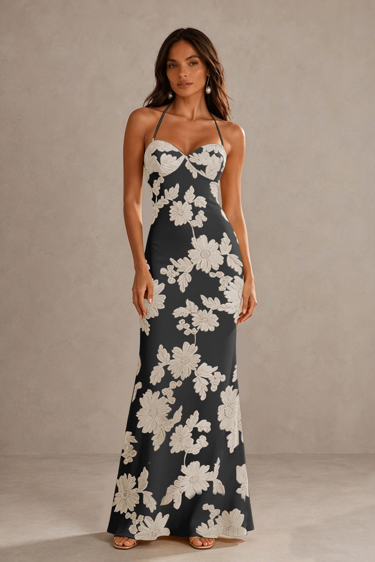 BOLODOO Black Champagne Halter Sweetheart Floral Embroidered Lace-Up Open Back Maxi Dress | BD0257 - Black Champagne