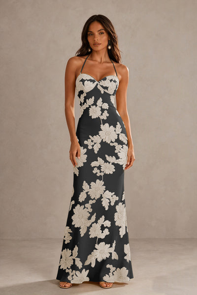 BOLODOO Black Champagne Halter Sweetheart Floral Embroidered Lace-Up Open Back Maxi Dress | BD0257 - Black Champagne