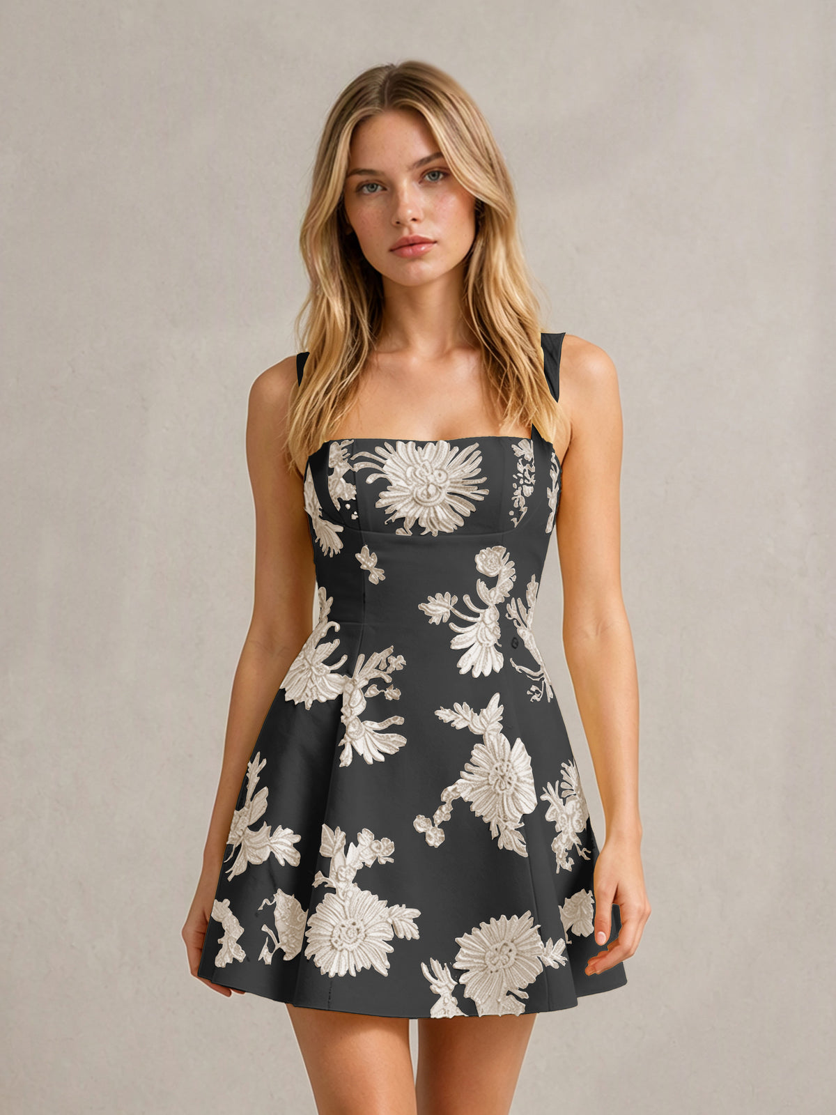BOLODOO Black Champagne Floral Jacquard Wide Strap A-Line Mini Dress with Square Neck & Bow-Tie Open Back - Black Champagne