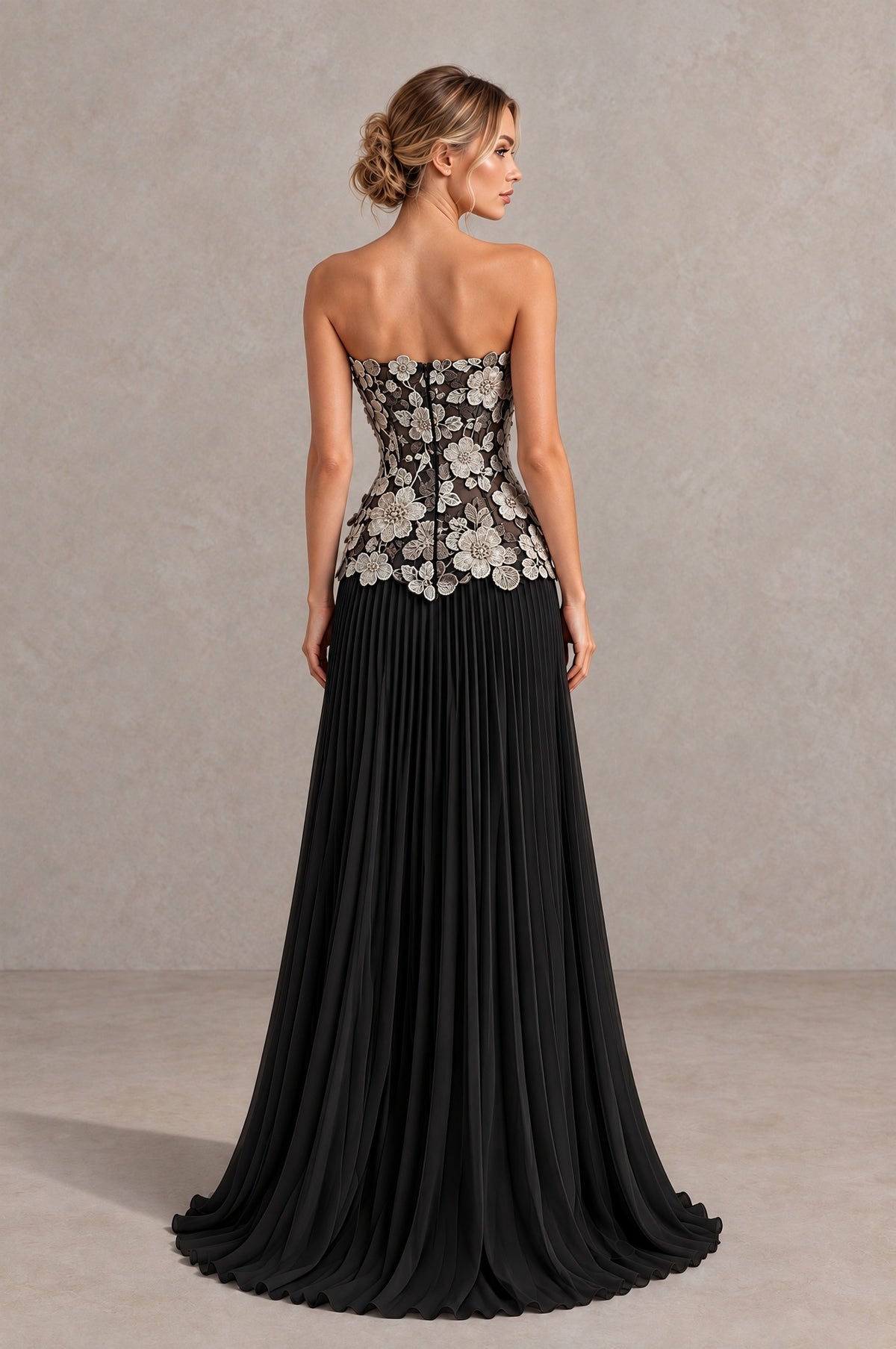 BOLODOO Black Champagne Strapless Floral Applique Pleated Evening Dress - Black Champagne - Black Champagne (2)