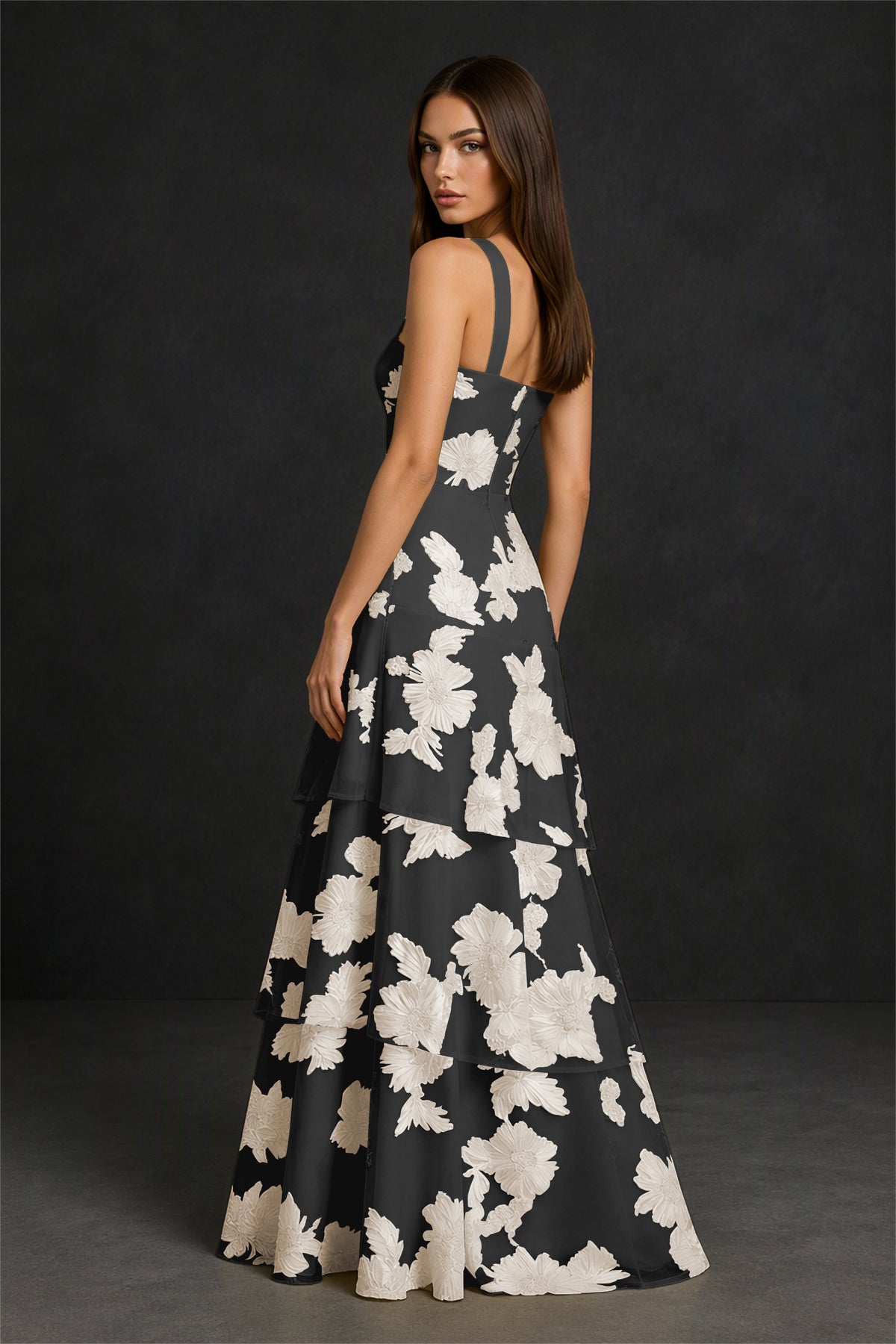 BOLODOO Black Champagne Crisscross Halter Neck Black Champagne Floral Embroidered Triple Tiered A-Line Tulle Maxi Dress - Black Champagne