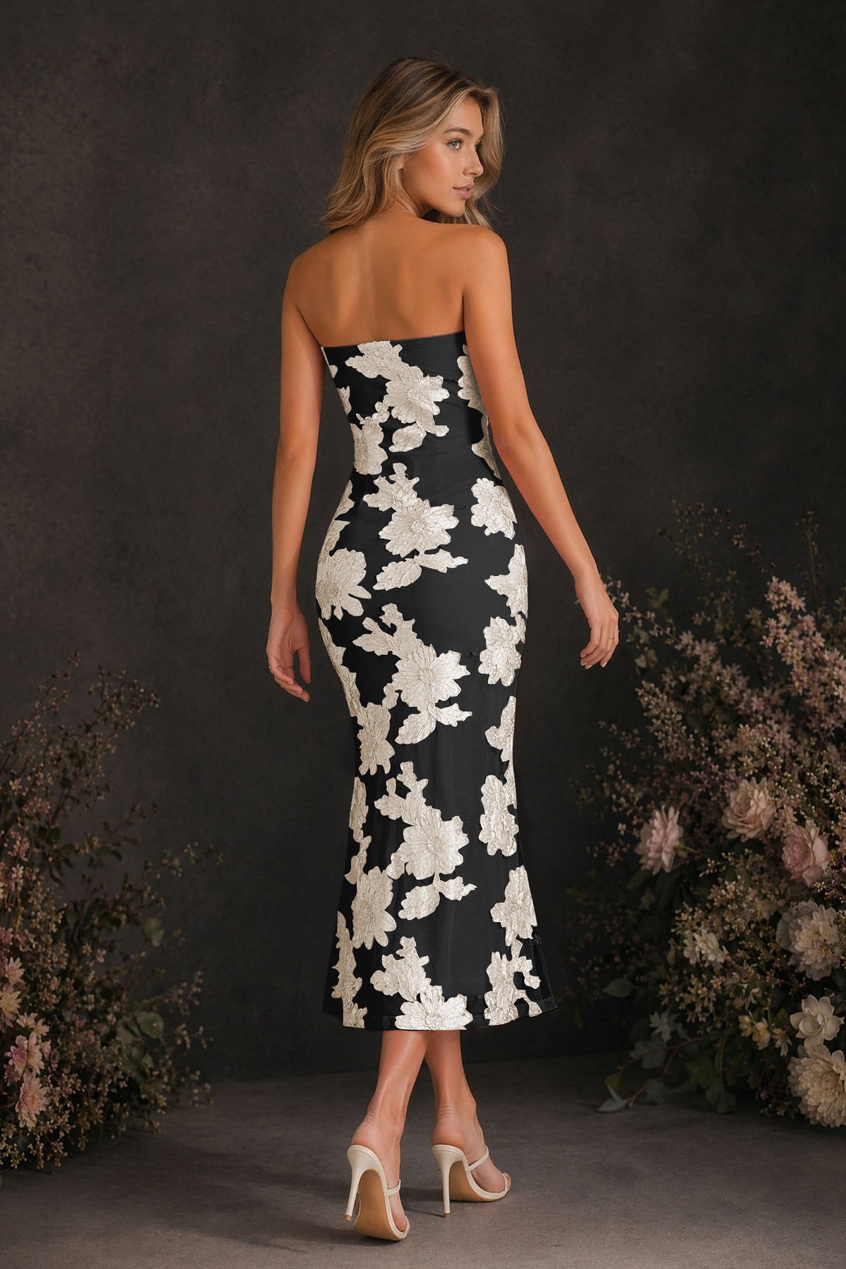 BOLODOO Black Champagne Tonal Floral Embroidered Mesh Strapless Open Back Bodycon Midi Tea Length Dress - Black Champagne