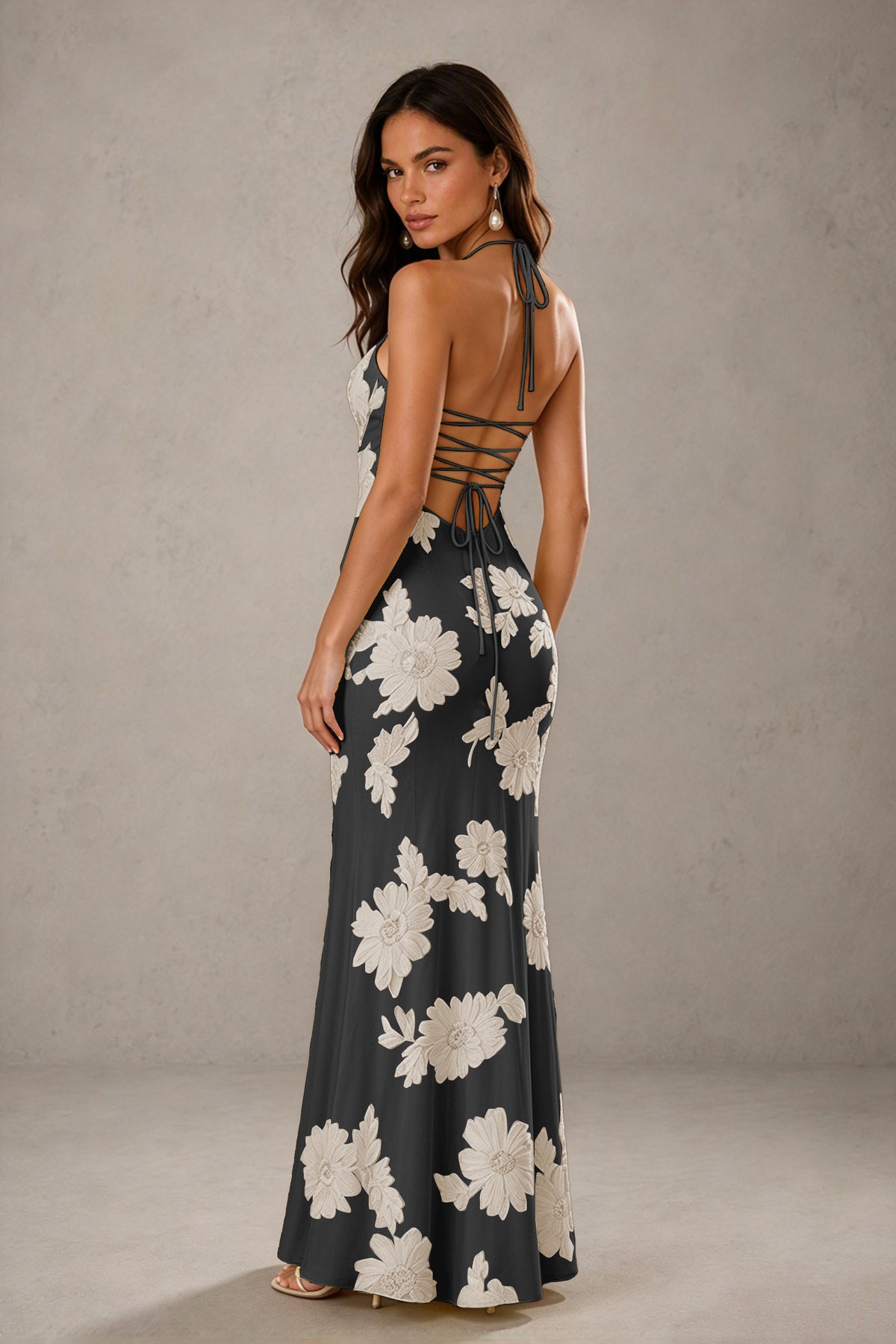 BOLODOO Black Champagne Halter Sweetheart Floral Embroidered Lace-Up Open Back Maxi Dress | BD0257 - Black Champagne