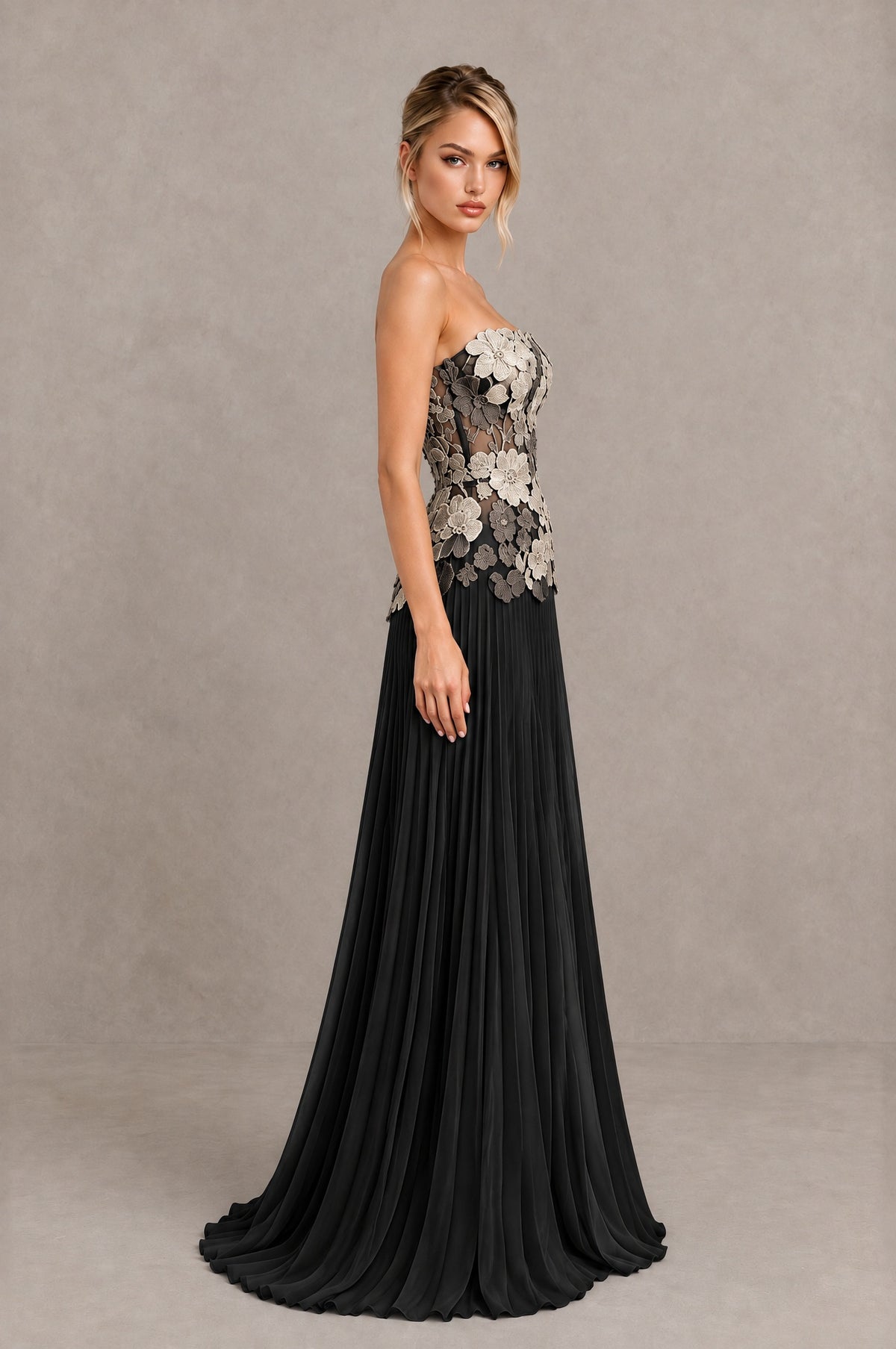 BOLODOO Black Champagne Strapless Floral Applique Pleated Evening Dress - Black Champagne - Black Champagne (3)