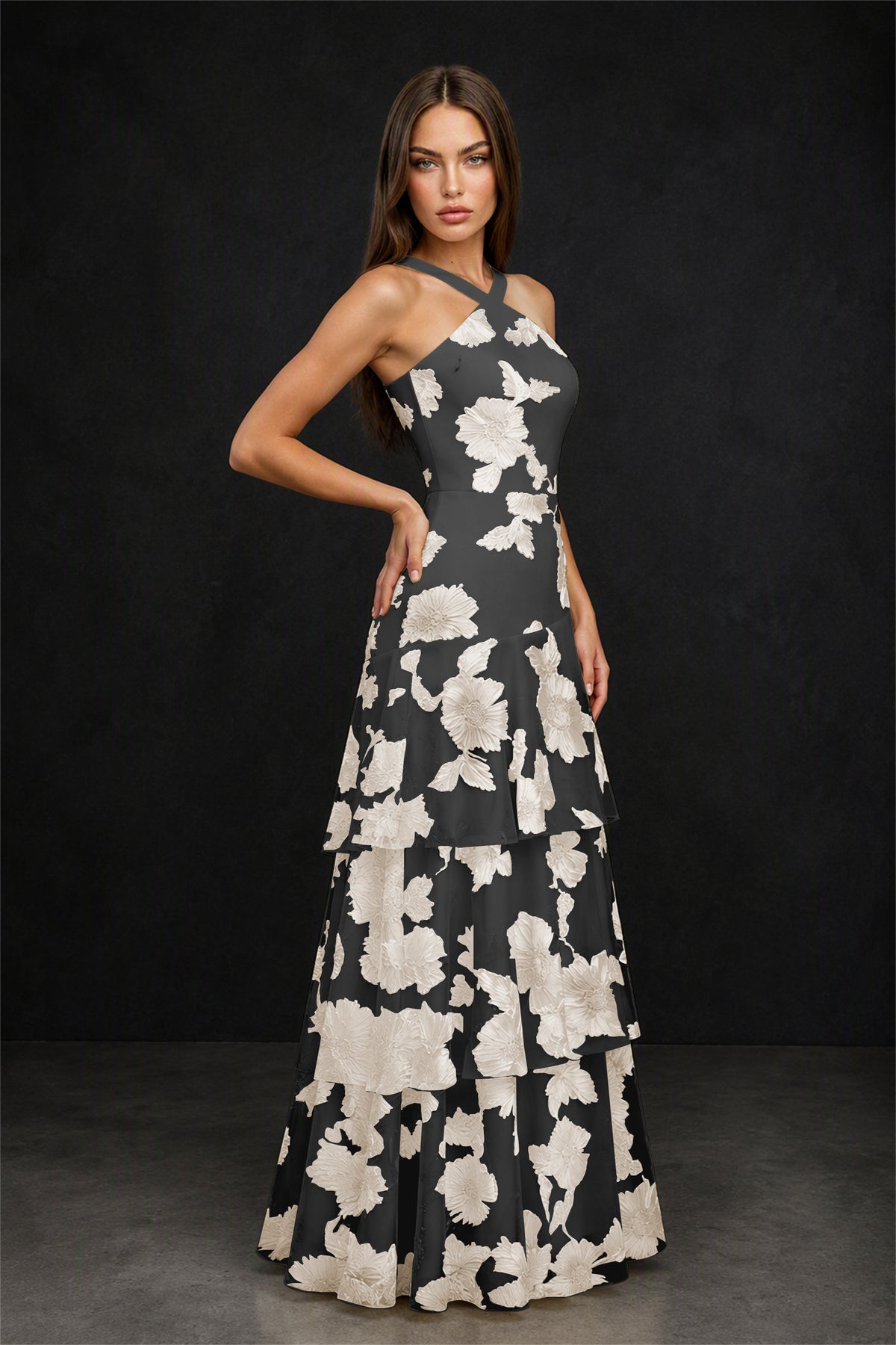 BOLODOO Black Champagne Crisscross Halter Neck Black Champagne Floral Embroidered Triple Tiered A-Line Tulle Maxi Dress - Black Champagne