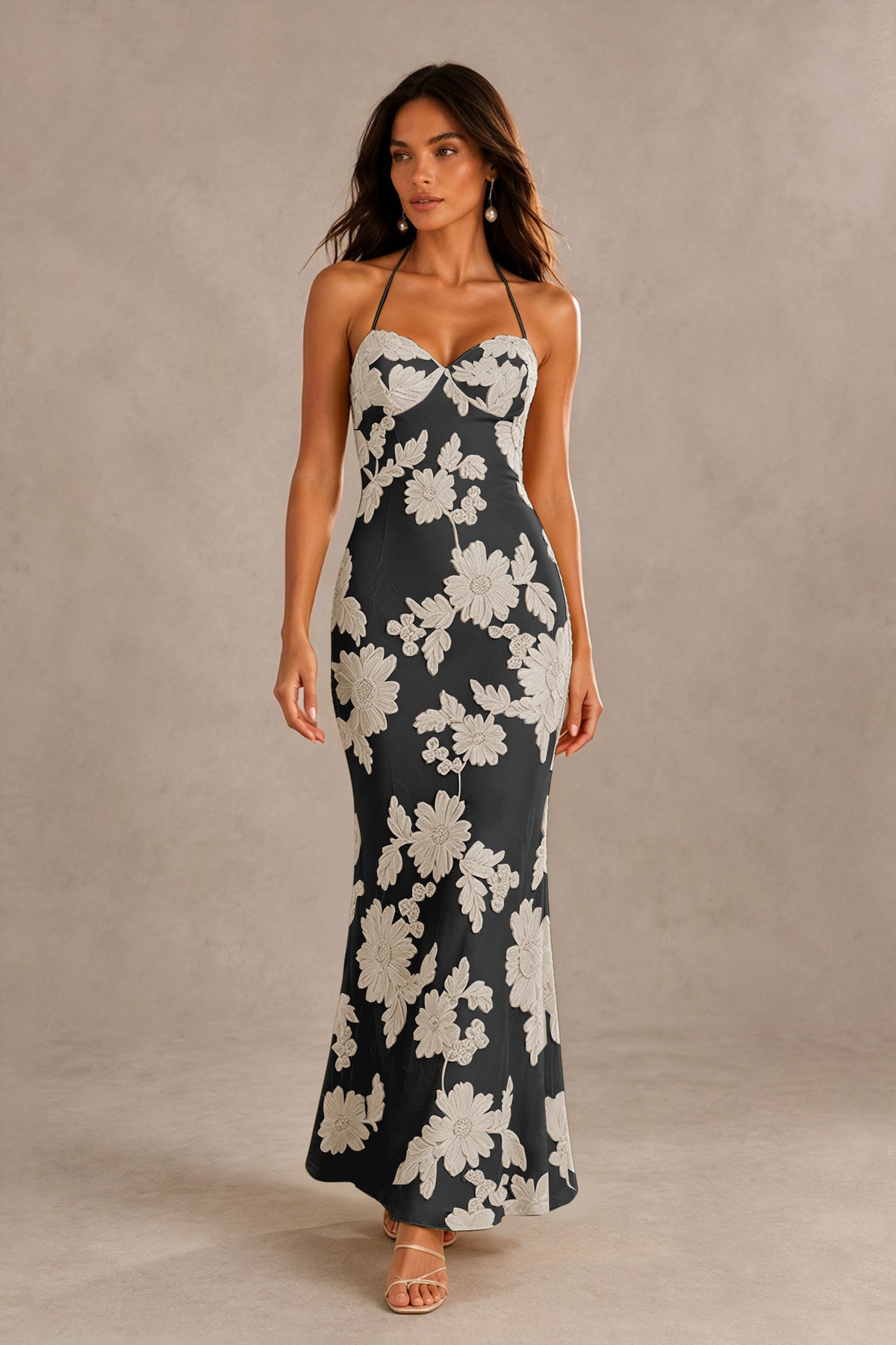 BOLODOO Black Champagne Halter Sweetheart Floral Embroidered Lace-Up Open Back Maxi Dress | BD0257 - Black Champagne