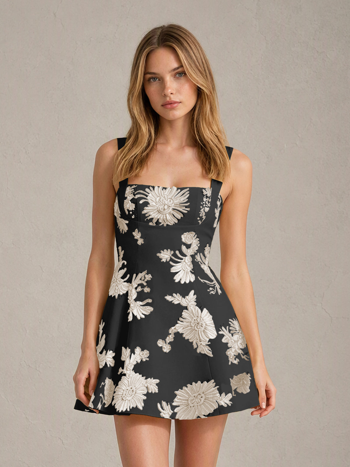 BOLODOO Black Champagne Floral Jacquard Wide Strap A-Line Mini Dress with Square Neck & Bow-Tie Open Back - Black Champagne