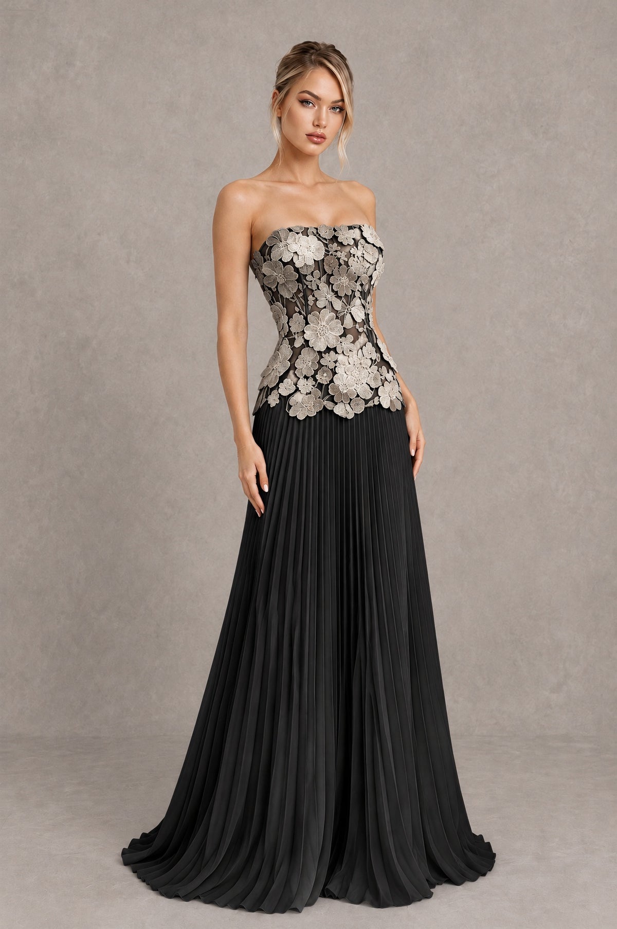 BOLODOO Black Champagne Strapless Floral Applique Pleated Evening Dress - Black Champagne - Black Champagne (4)