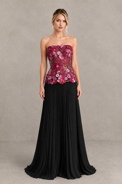 BOLODOO Black Fuchsia Strapless Floral Applique Pleated Evening Dress - Black Fuchsia - Black Fuchsia (1)